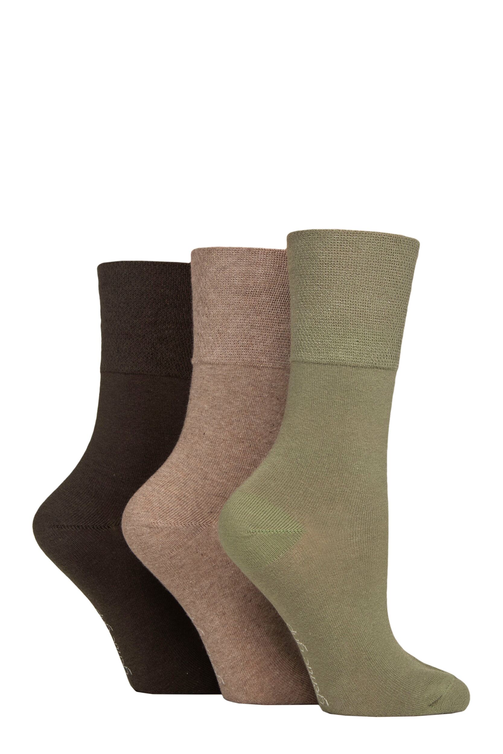 Image of Women's 3 Pair Gentle Grip Plain Cotton Socks Khaki 4-8 Ladies