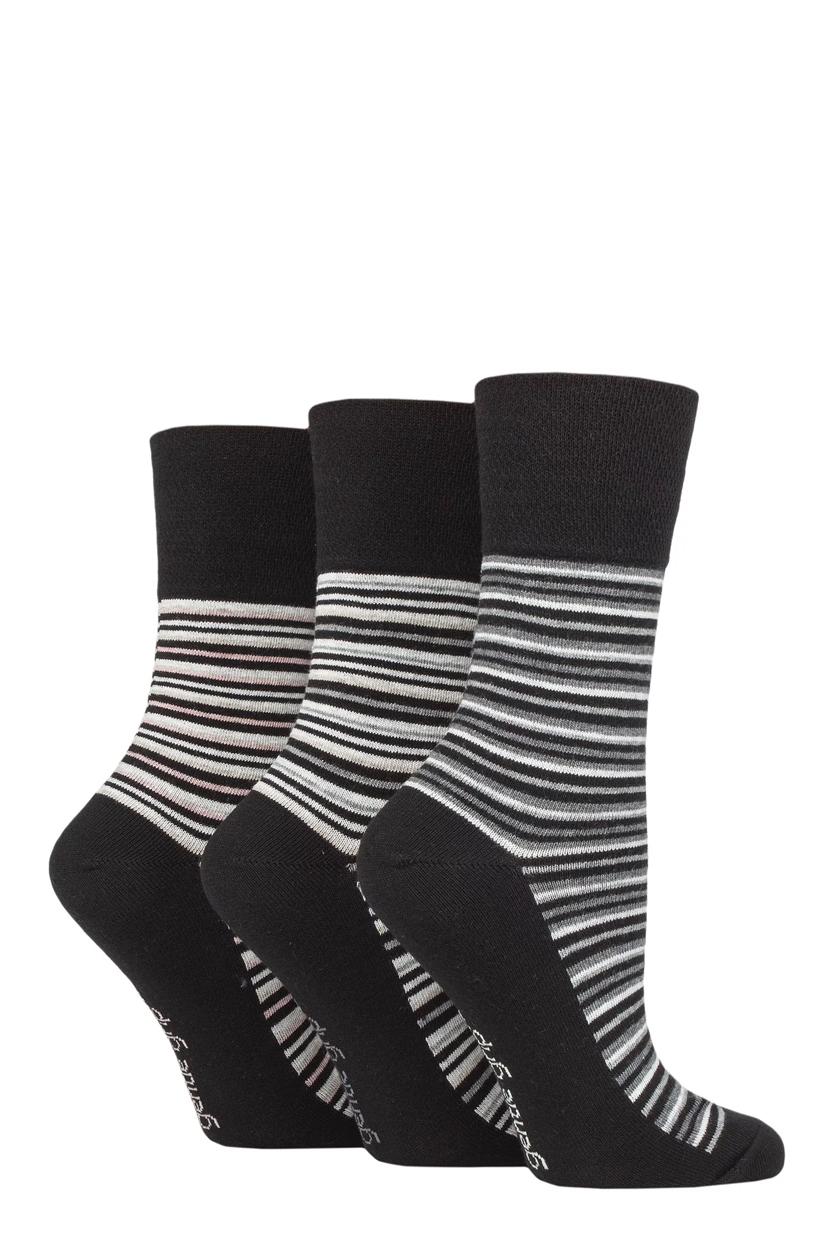 Women's 3 Pair Gentle Grip Cotton Patterned and Striped Socks Varied Stripe Black 4-8 Ladies