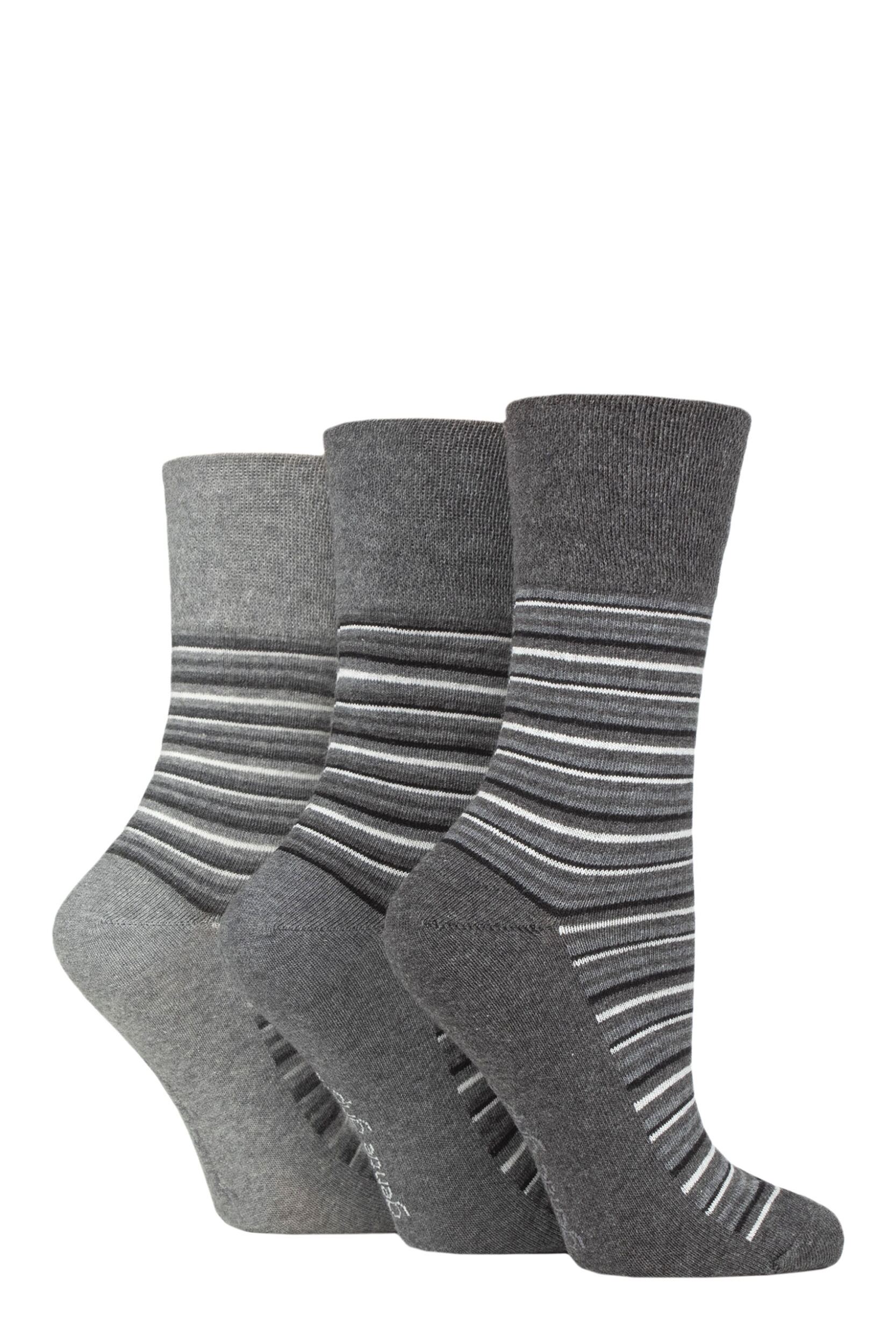Women's 3 Pair Gentle Grip Cotton Patterned and Striped Socks Varied Stripe Charcoal / Grey 4-8 Ladies
