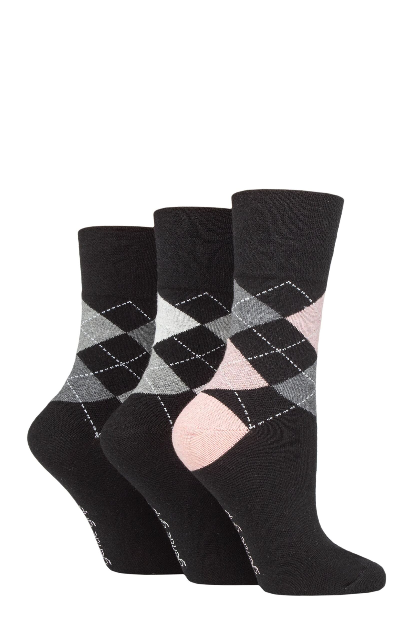 Women's 3 Pair Gentle Grip Argyle Patterned Cotton Socks Argyle Black 4-8 Ladies