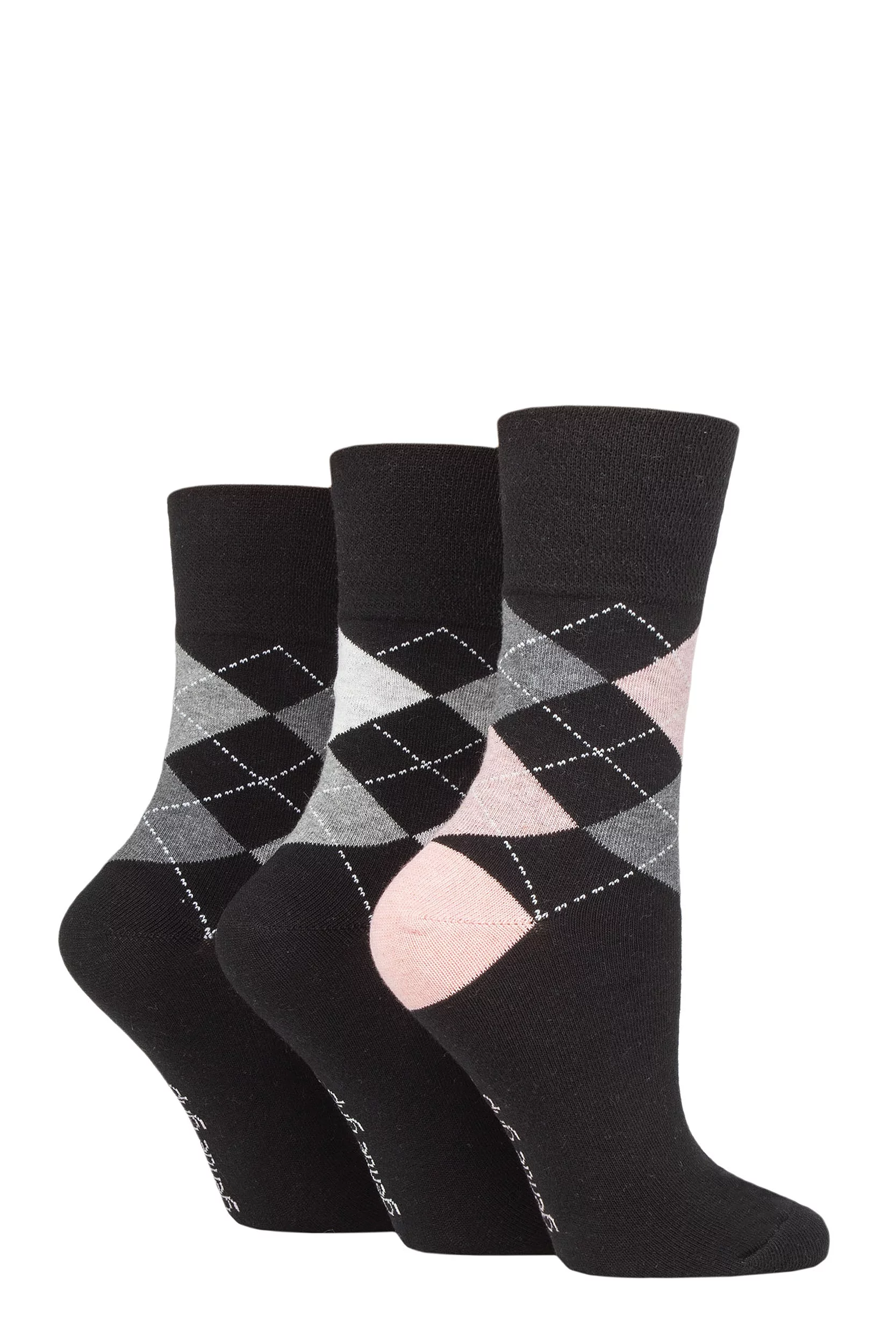 Women's 3 Pair Gentle Grip Argyle Patterned Cotton Socks Argyle Black 4-8 Ladies