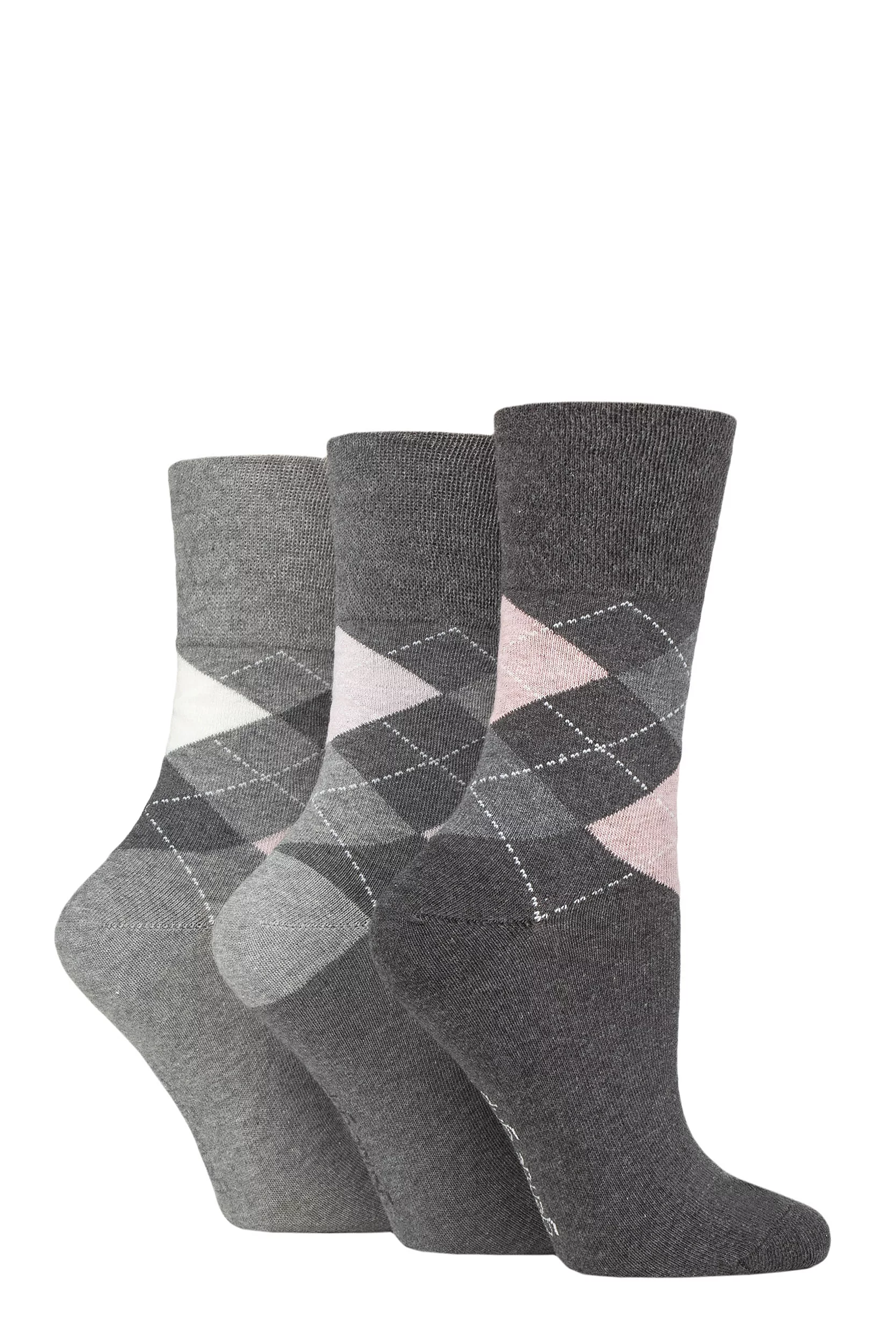 Women's 3 Pair Gentle Grip Argyle Patterned Cotton Socks Argyle Charcoal / Grey 4-8 Ladies