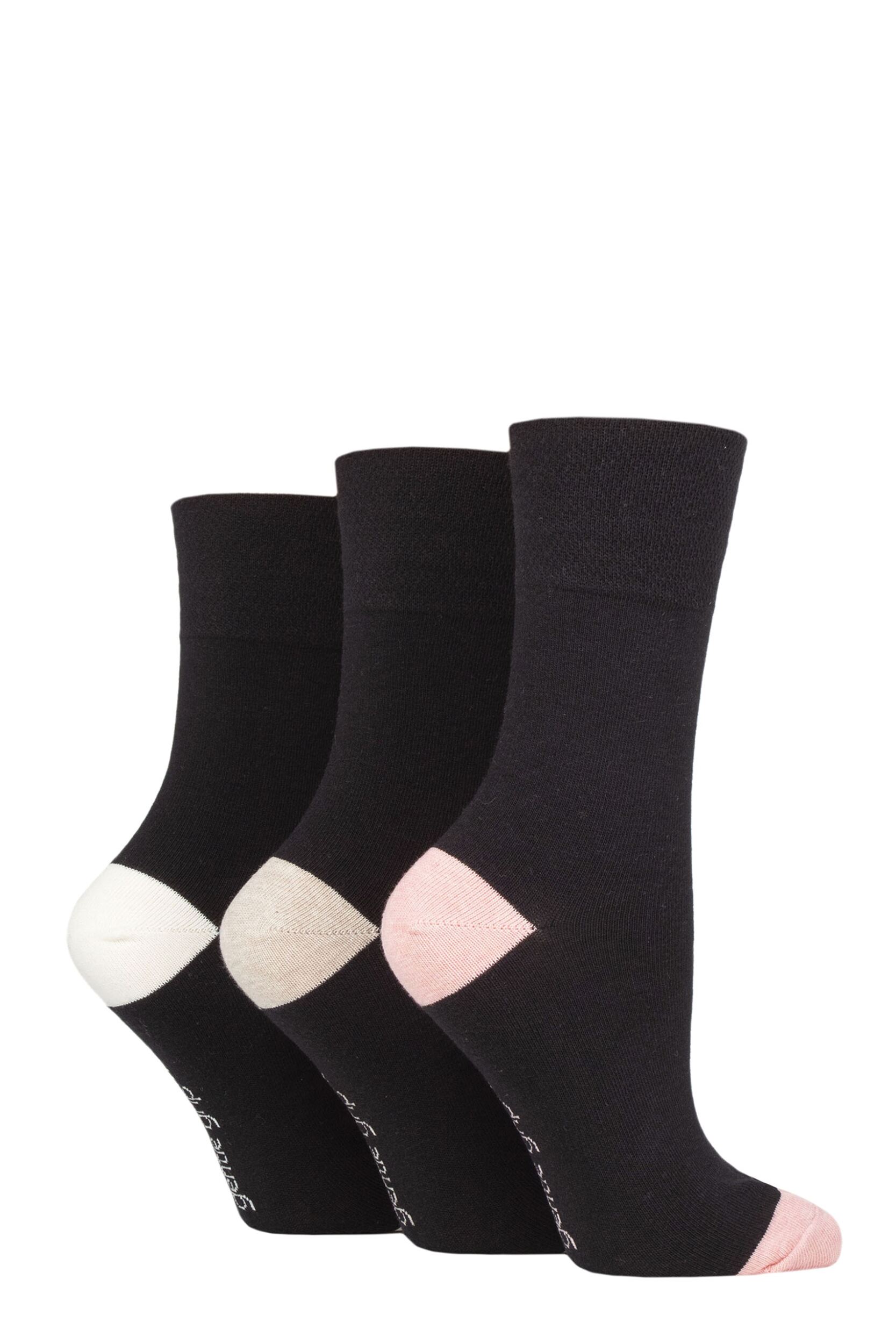 Women's 3 Pair Gentle Grip Cotton Patterned and Striped Socks Contrast Heel and Toe Black 4-8 Ladies