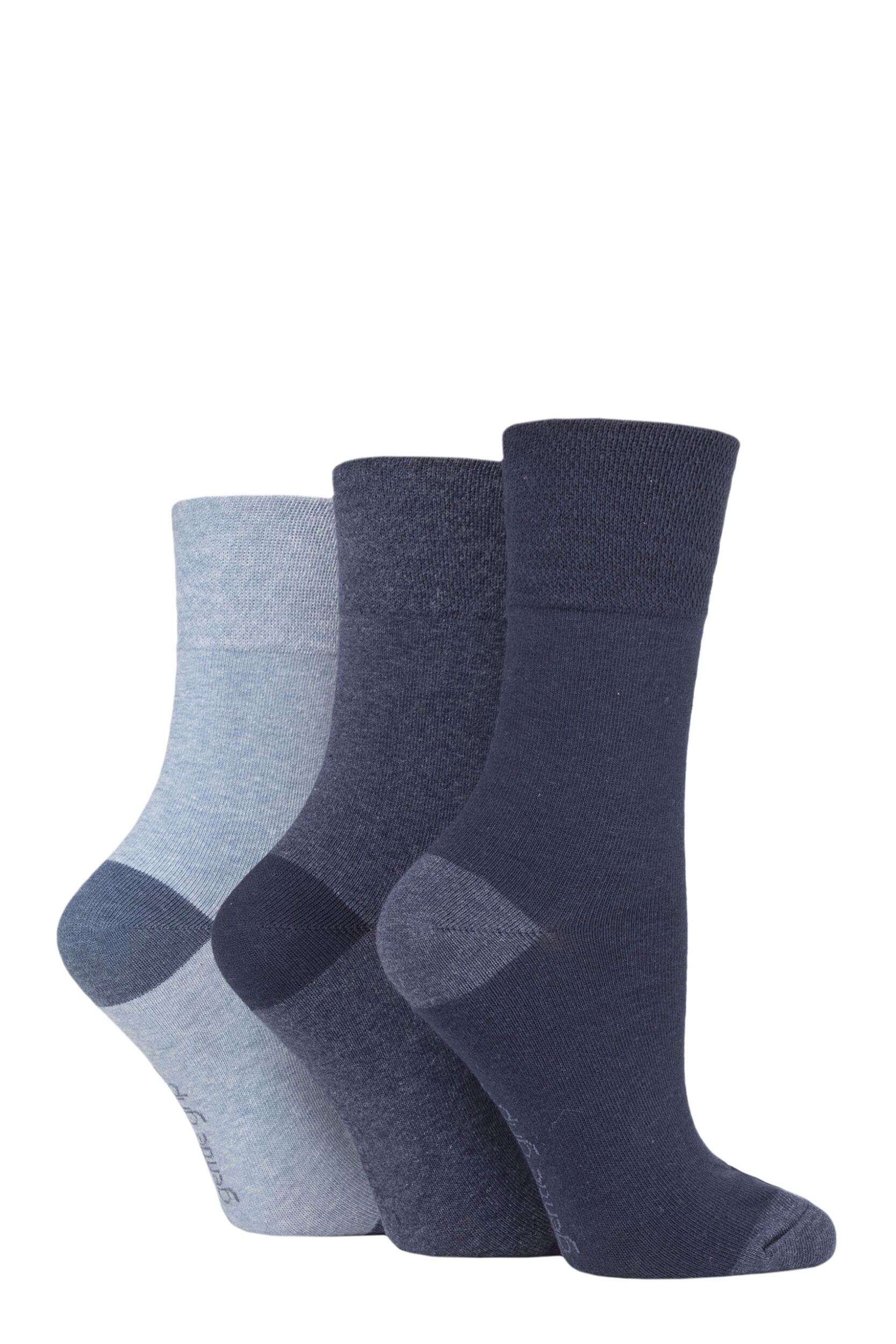 Women's 3 Pair Gentle Grip Cotton Patterned and Striped Socks Contrast Heel and Toe Navy / Denim 4-8 Ladies