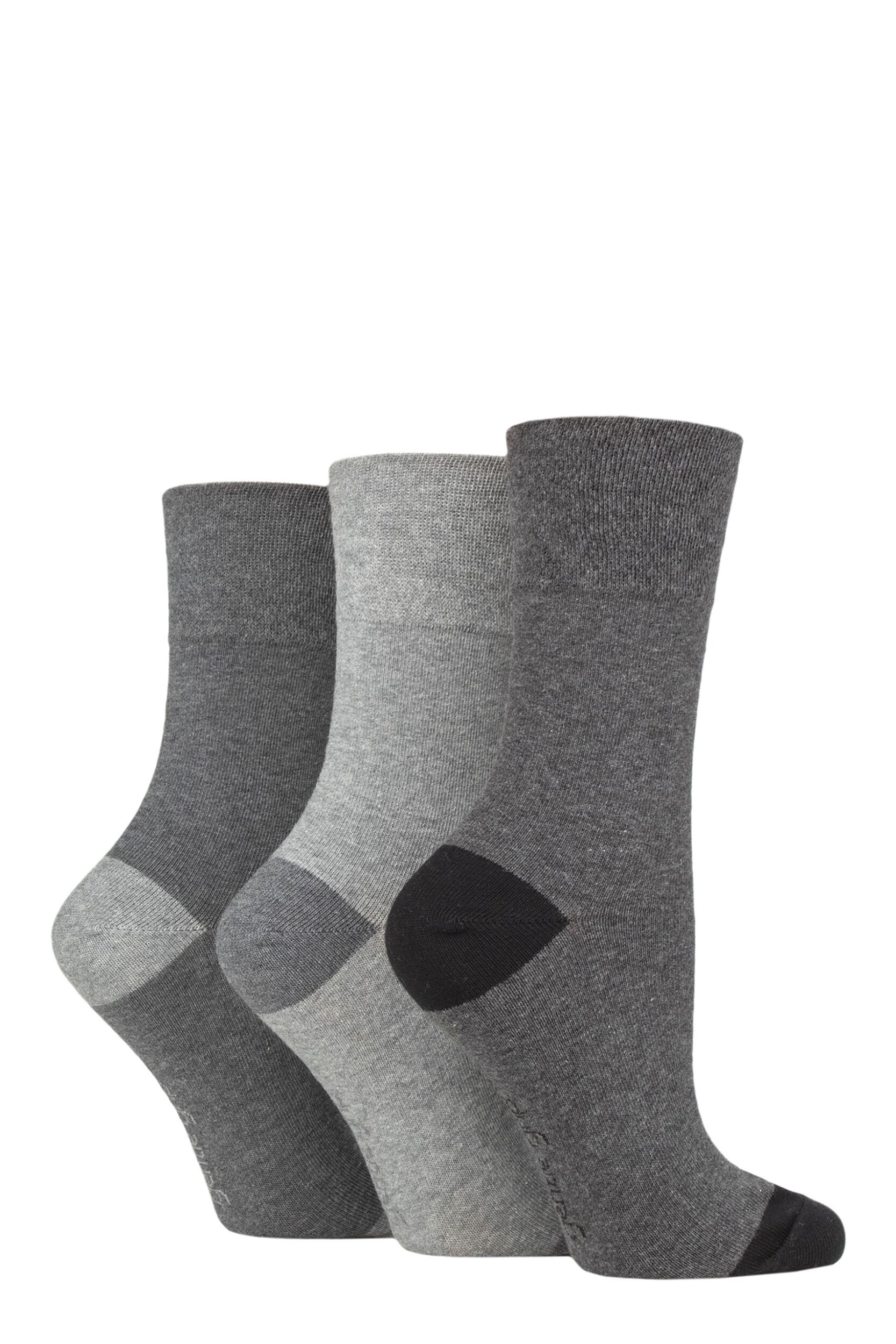 Image of Women's 3 Pair Gentle Grip Cotton Patterned and Striped Socks Contrast Heel and Toe Charcoal / Grey 4-8 Ladies