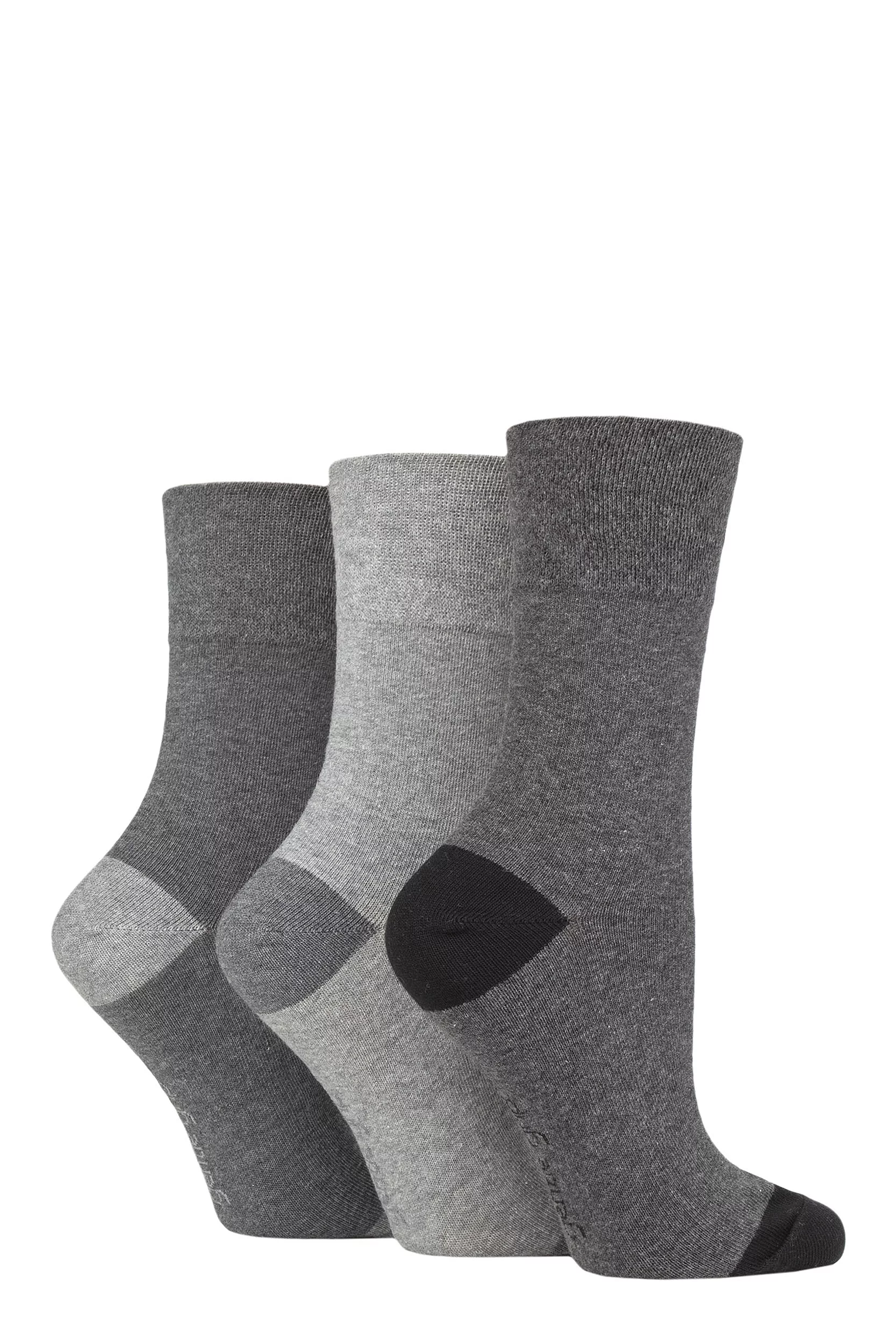 Women's 3 Pair Gentle Grip Cotton Patterned and Striped Socks Contrast Heel and Toe Charcoal / Grey 4-8 Ladies