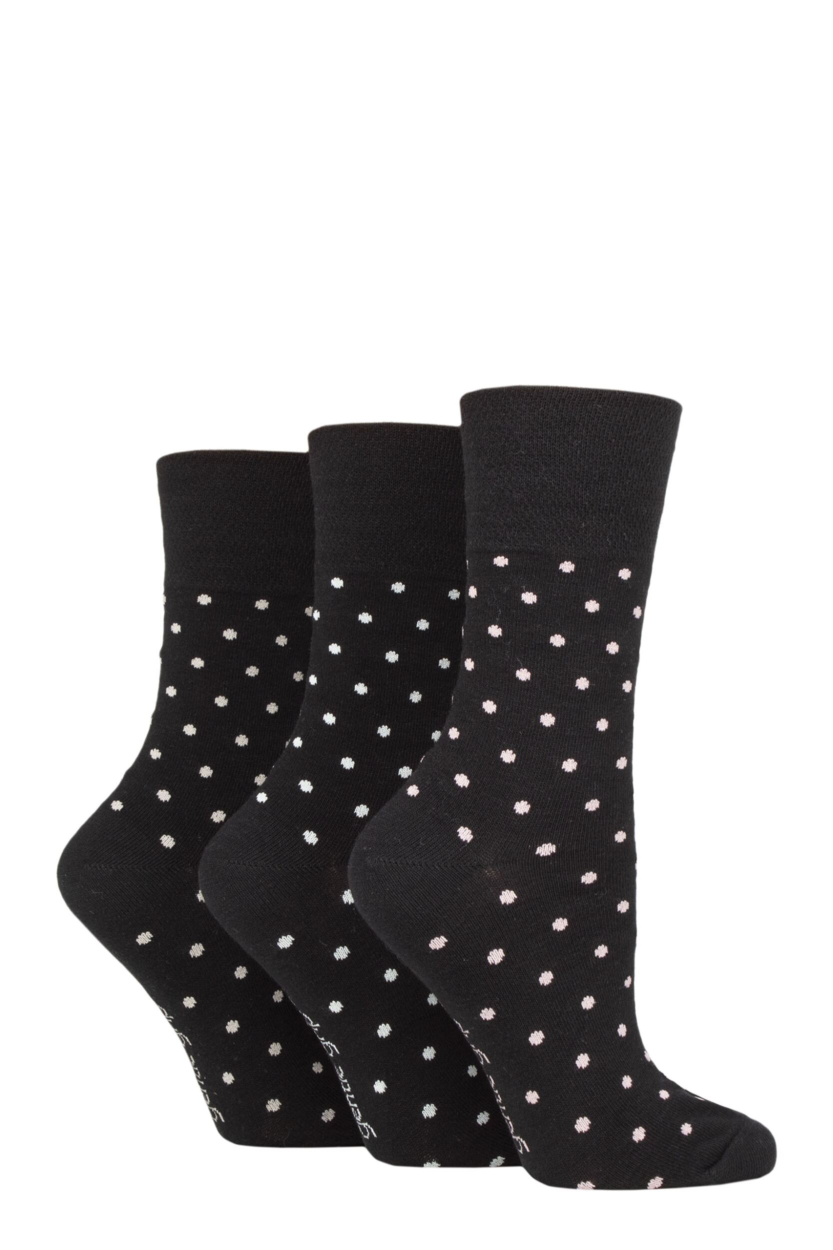 Women's 3 Pair Gentle Grip Cotton Patterned and Striped Socks Digital Dots Black 4-8 Ladies