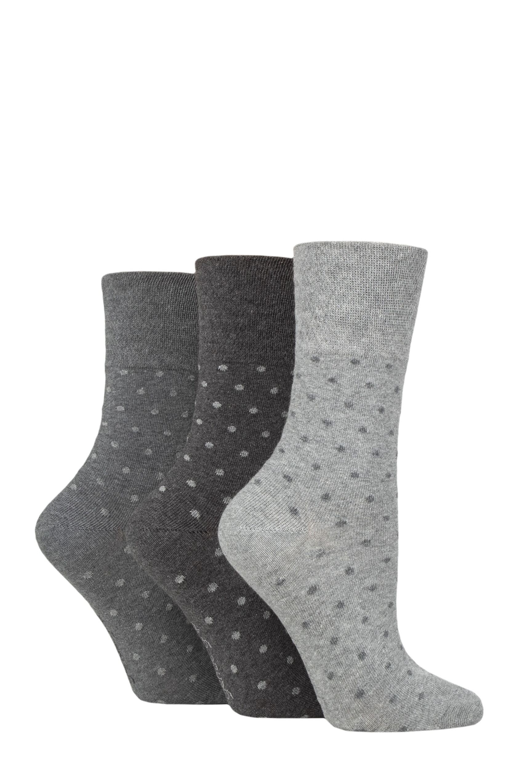 Image of Women's 3 Pair Gentle Grip Cotton Patterned and Striped Socks Digital Dots Charcoal / Grey 4-8 Ladies