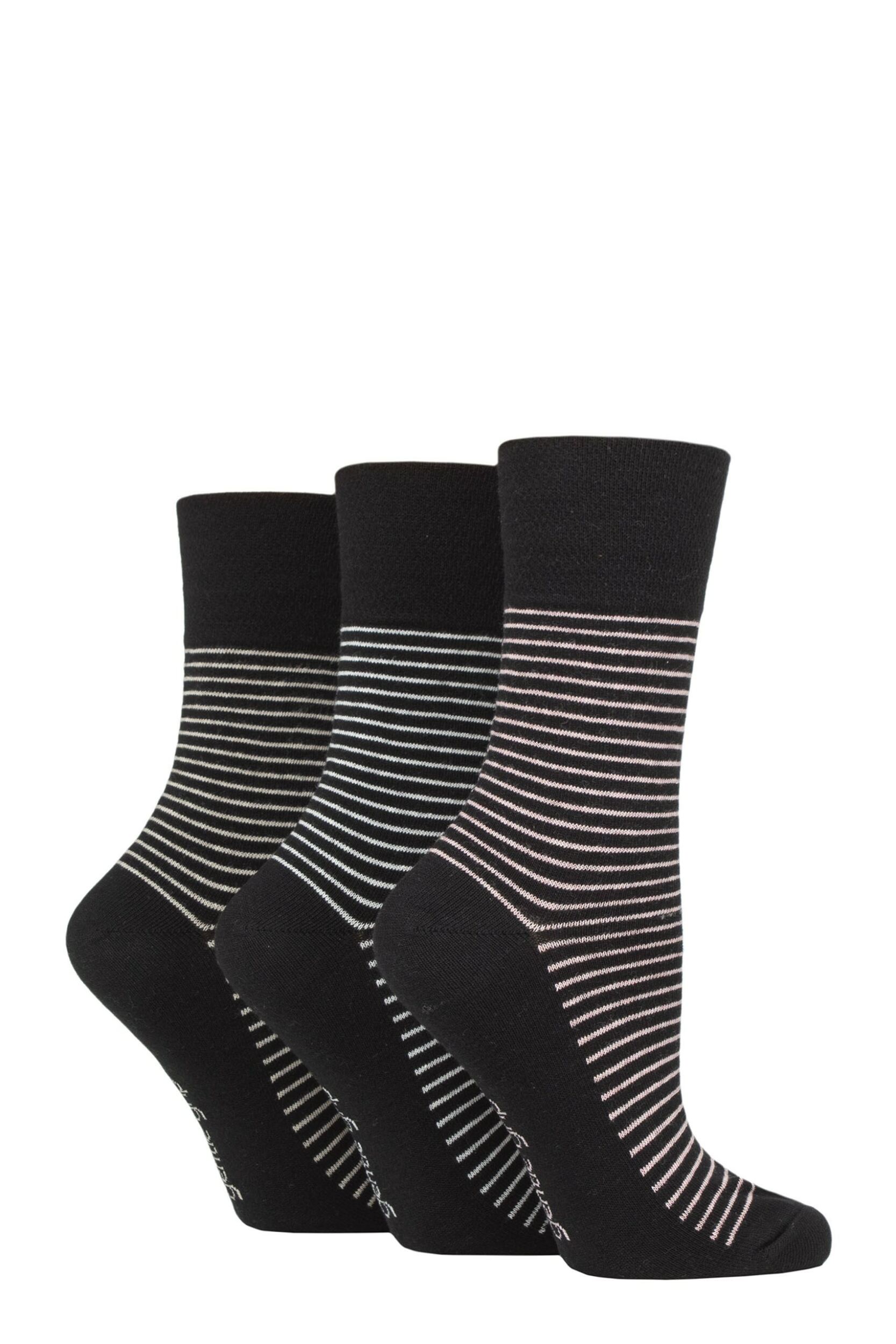 Women's 3 Pair Gentle Grip Cotton Patterned and Striped Socks Fine Stripe Black 4-8 Ladies