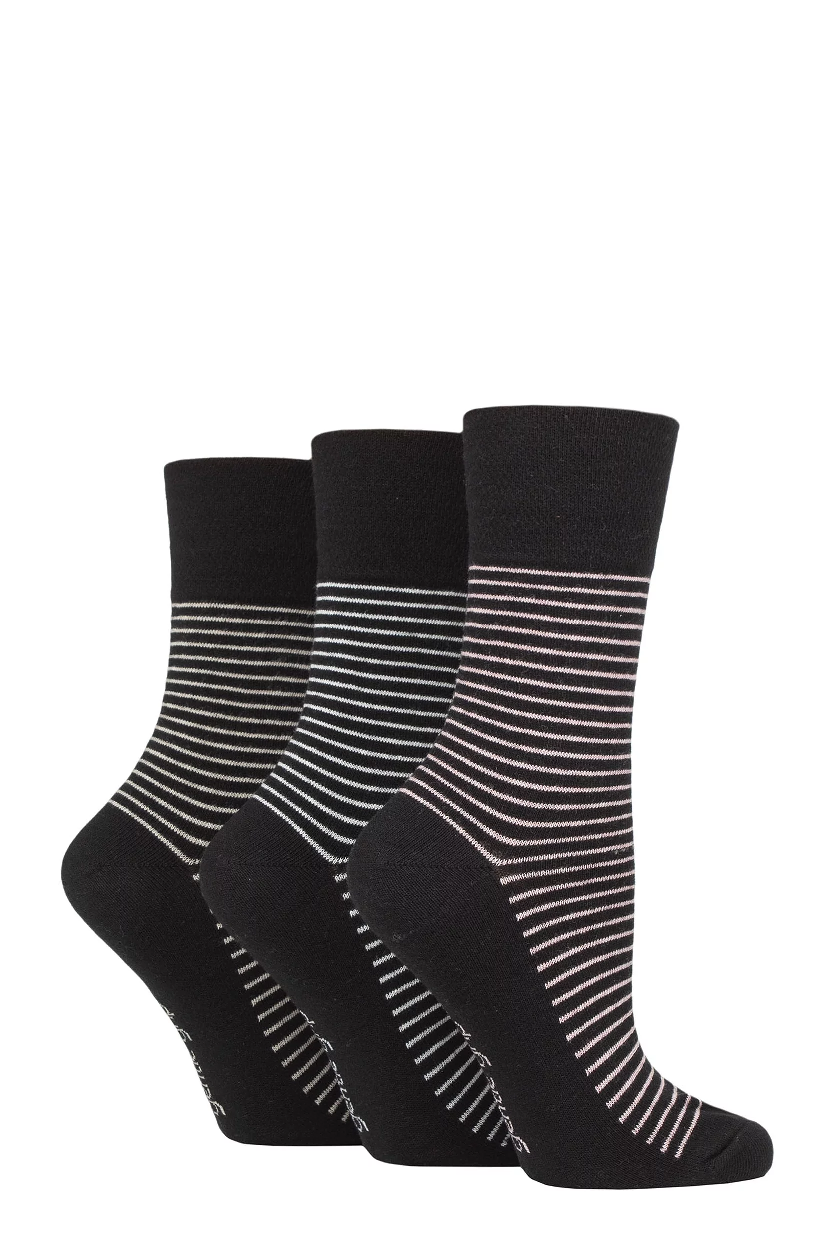 Women's 3 Pair Gentle Grip Cotton Patterned and Striped Socks Fine Stripe Black 4-8 Ladies