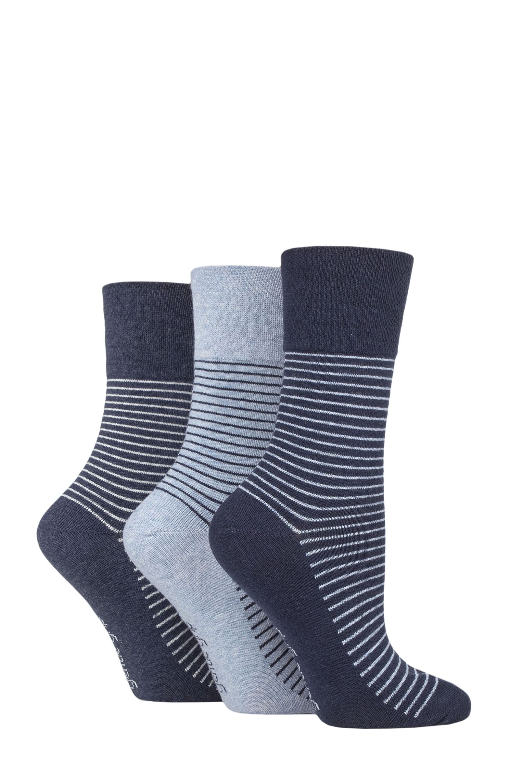 Women's 3 Pair Gentle Grip Cotton Patterned and Striped Socks Fine Stripe Navy / Denim 4-8 Ladies