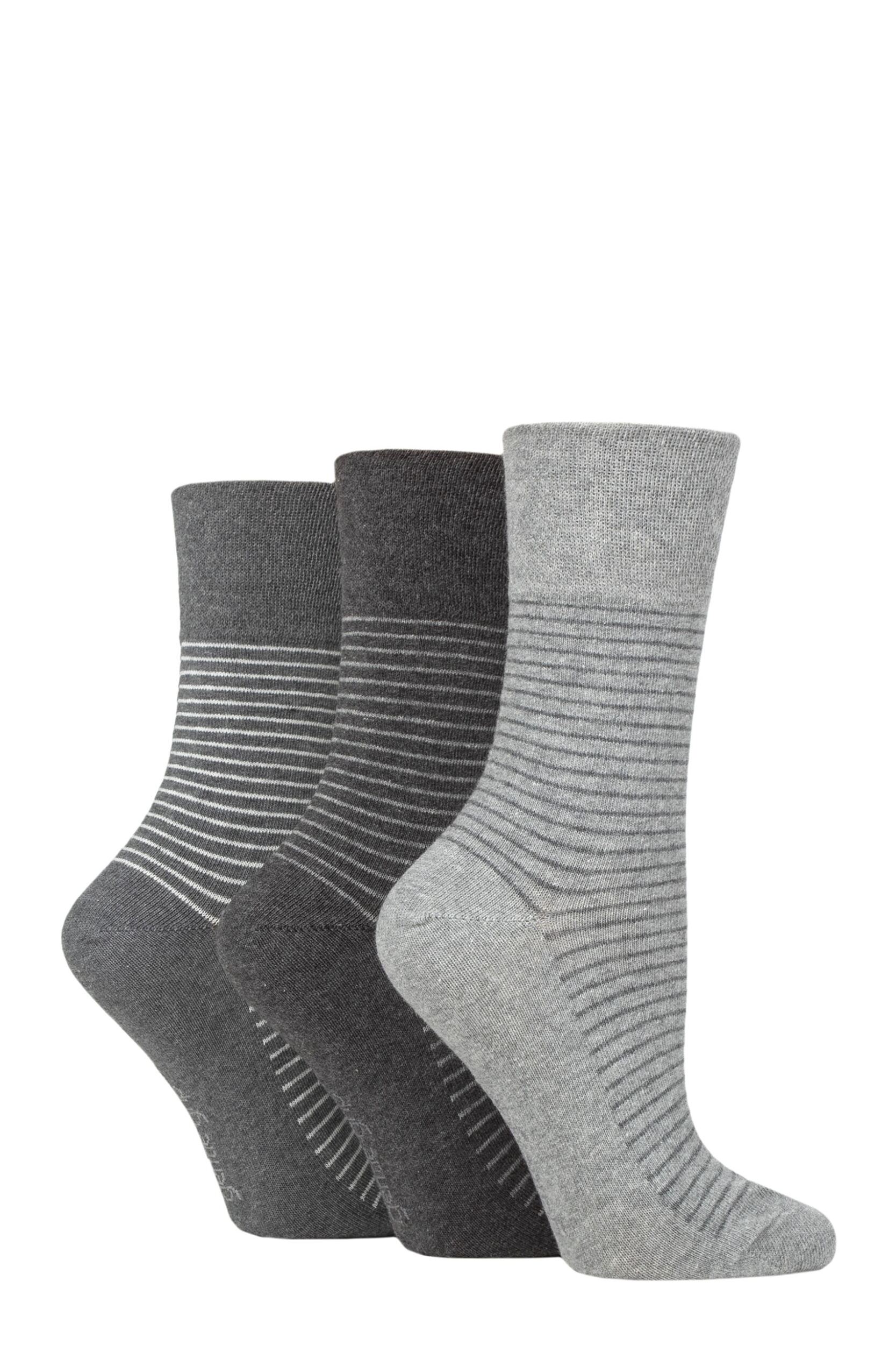 Women's 3 Pair Gentle Grip Cotton Patterned and Striped Socks Fine Stripe Charcoal / Grey 4-8 Ladies