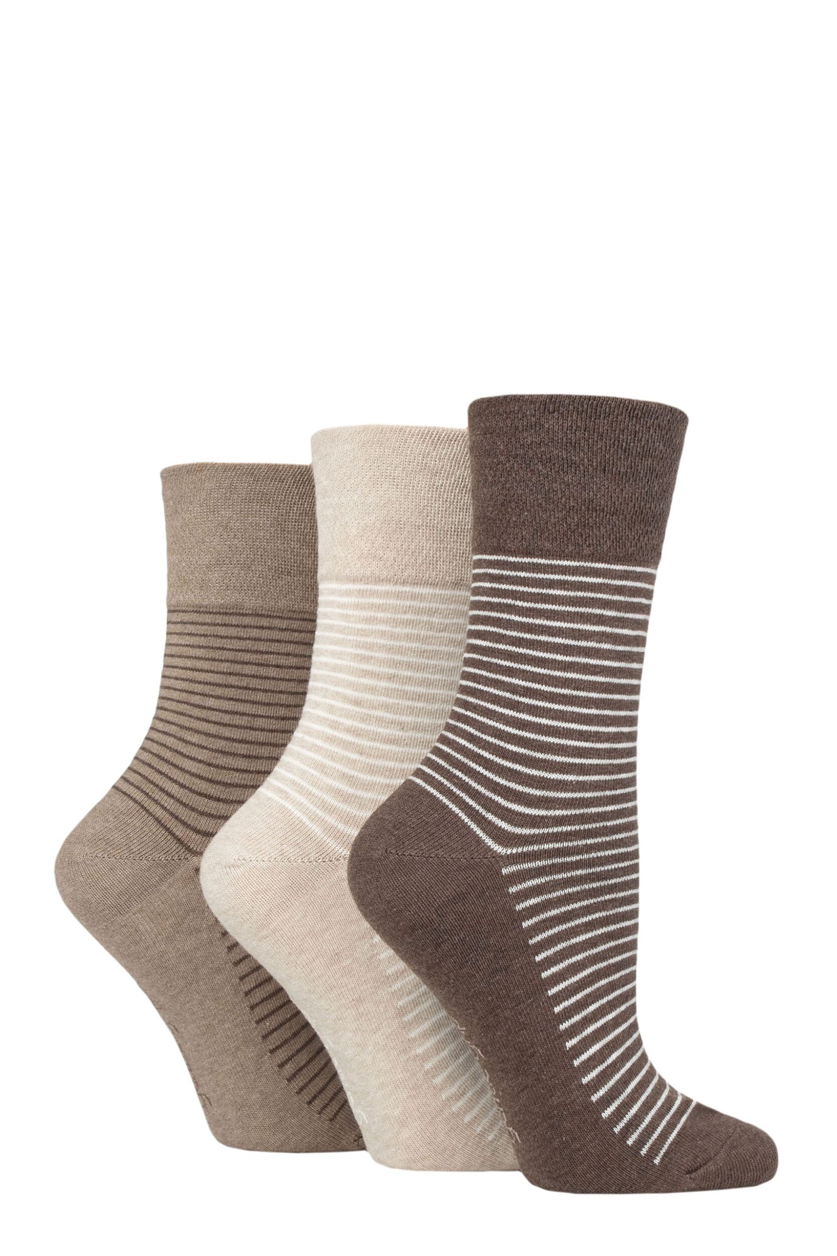 Women's 3 Pair Gentle Grip Cotton Patterned and Striped Socks Fine Stripe Brown / Neutral 4-8 Ladies
