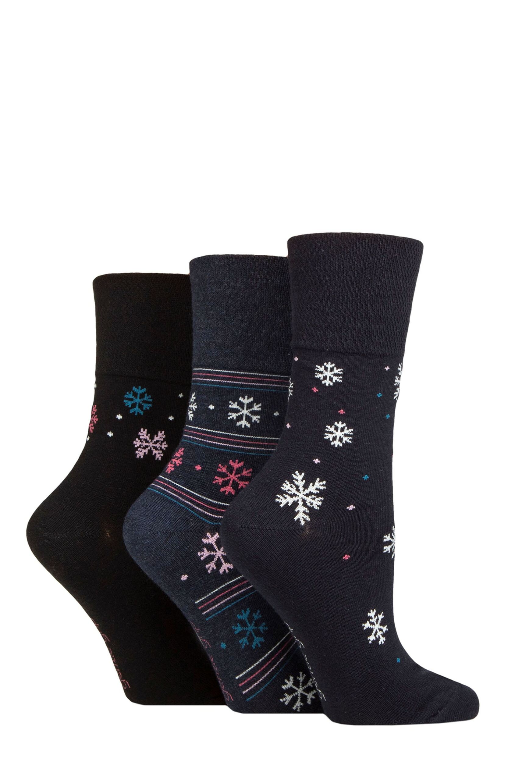 Women's 3 Pair Gentle Grip Cotton Patterned and Striped Socks Snowflake / Stripe / Spot 4-8