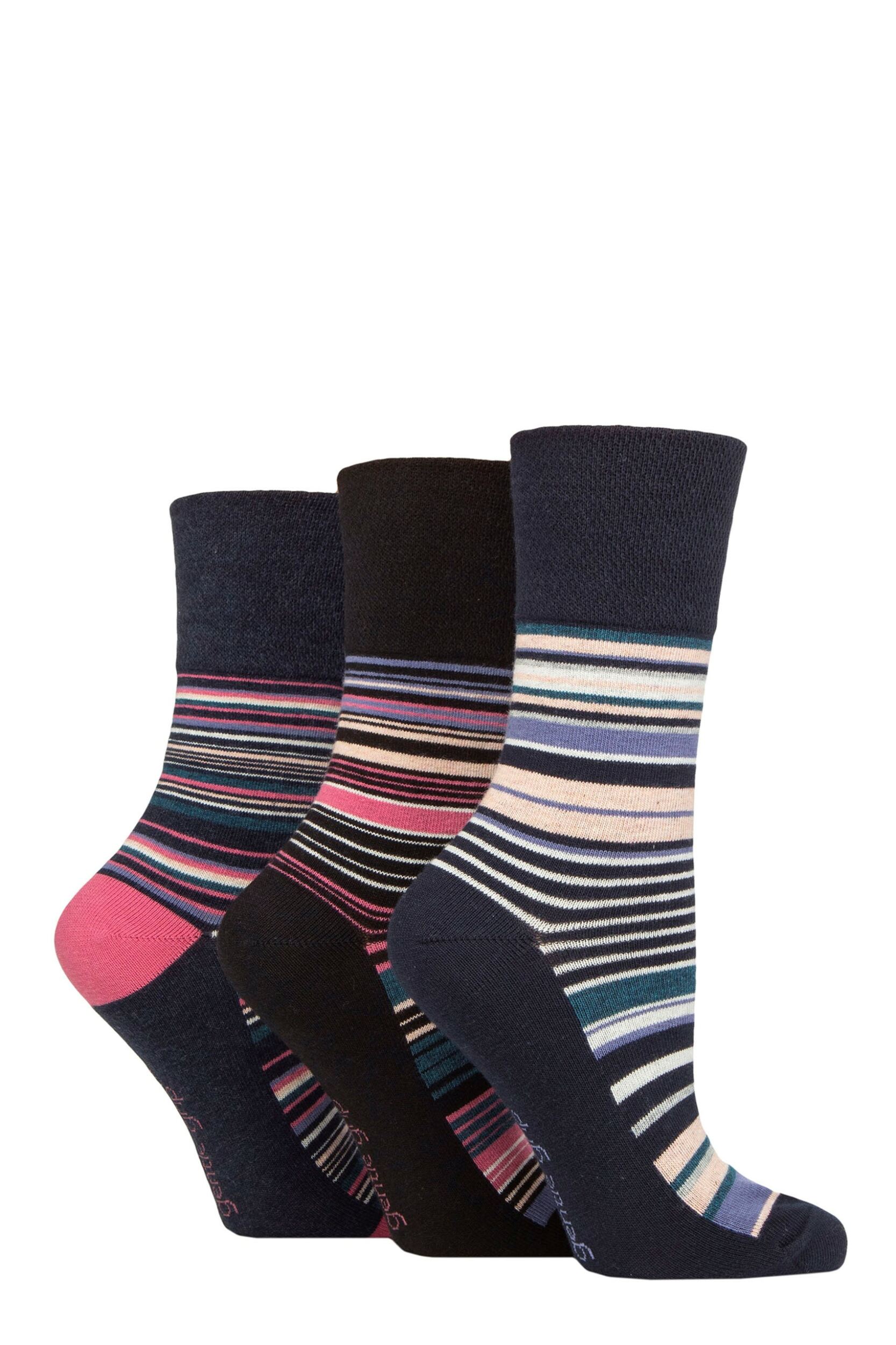 Image of Women's 3 Pair Gentle Grip Cotton Patterned and Striped Socks Whimsy Stripes Navy Melange 4-8
