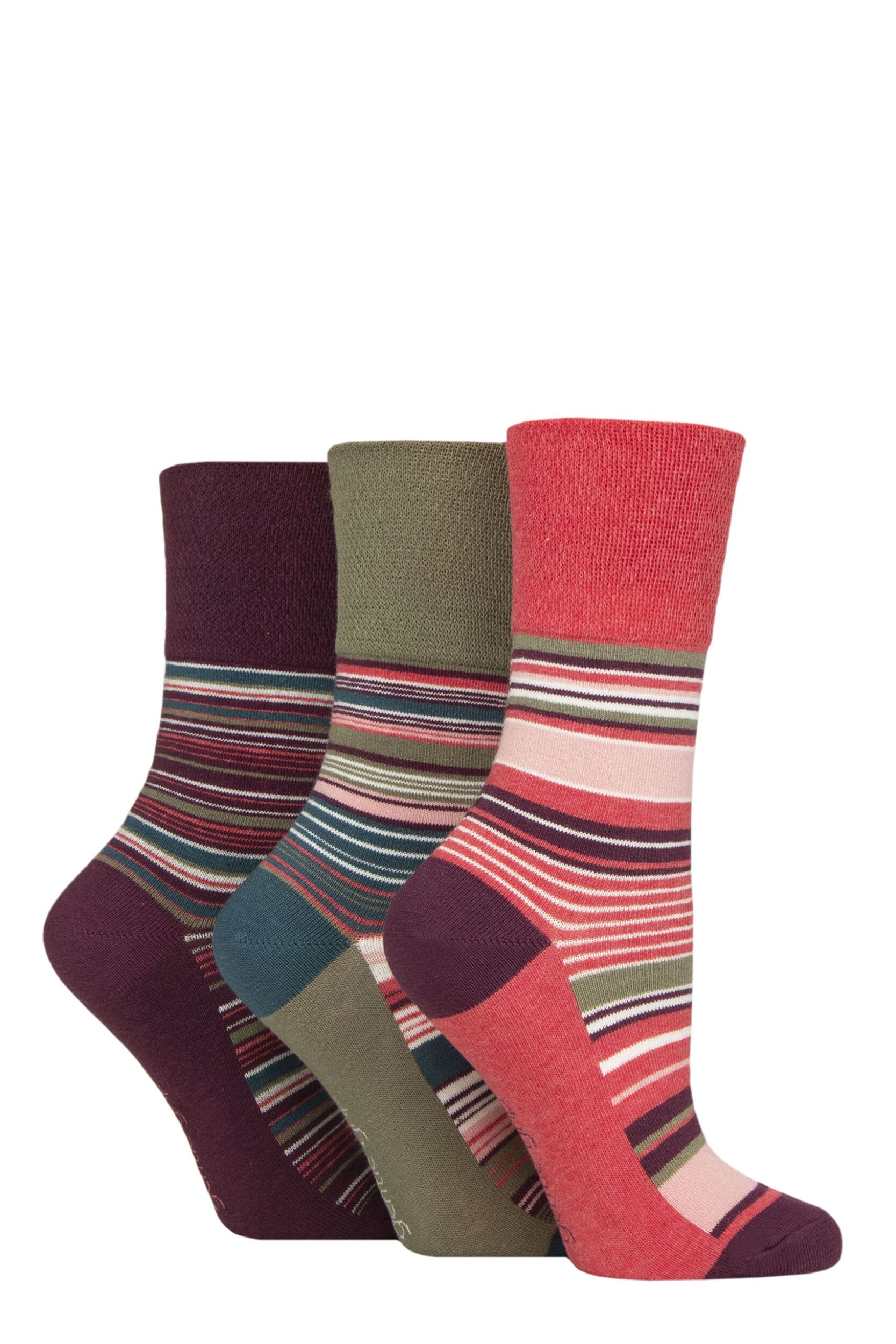 Women's 3 Pair Gentle Grip Cotton Patterned and Striped Socks Wilderness Stripe Purple 4-8