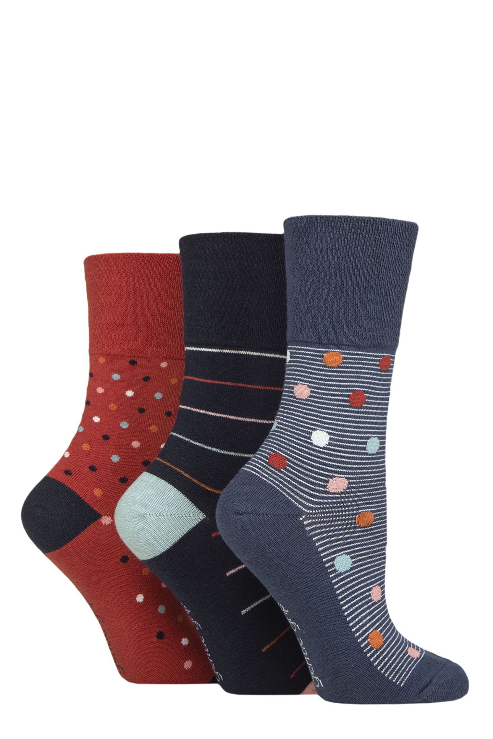 Women's 3 Pair Gentle Grip Cotton Patterned and Striped Socks Heritage Spot / Stripe Blue 4-8