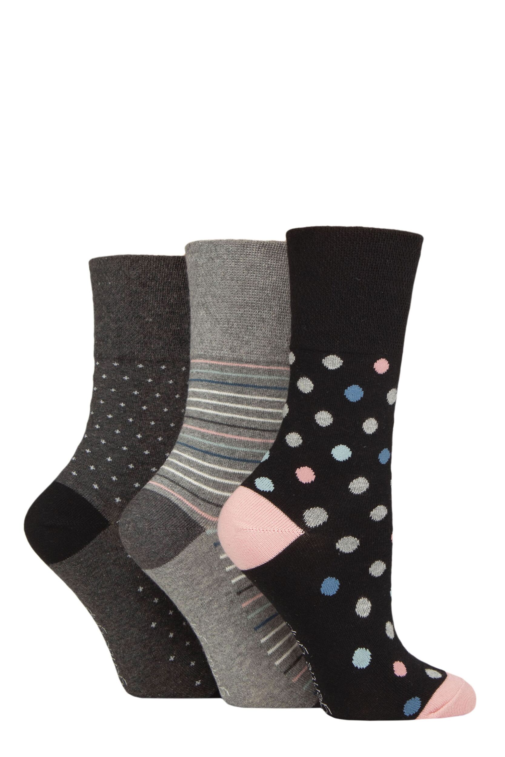 Women's 3 Pair Gentle Grip Cotton Patterned and Striped Socks Graphic Grey Melange / Black 4-8