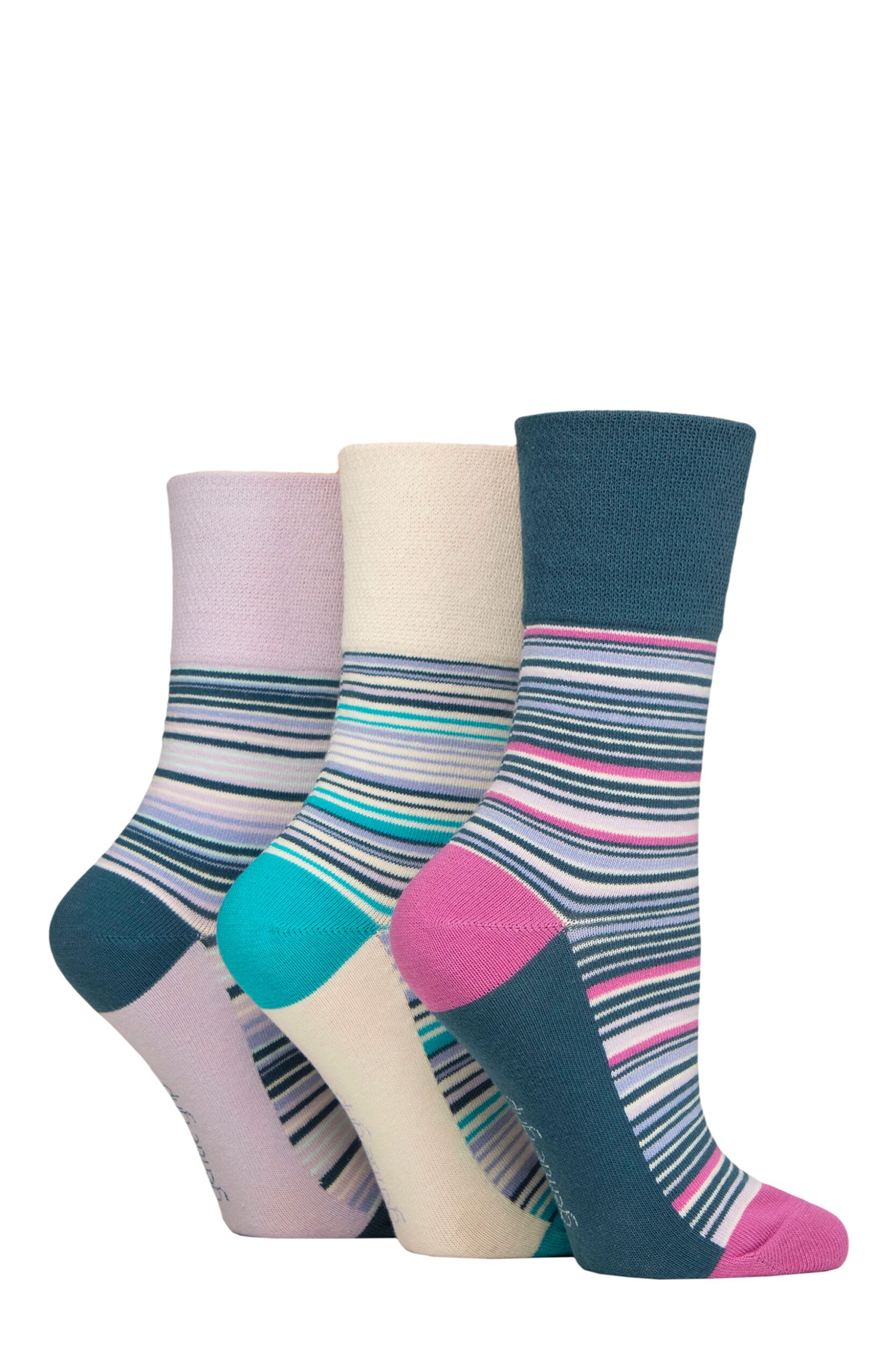 Women's 3 Pair Gentle Grip Cotton Patterned and Striped Socks Flow Mixed Stripe Cream / Blue / Lilac 4-8