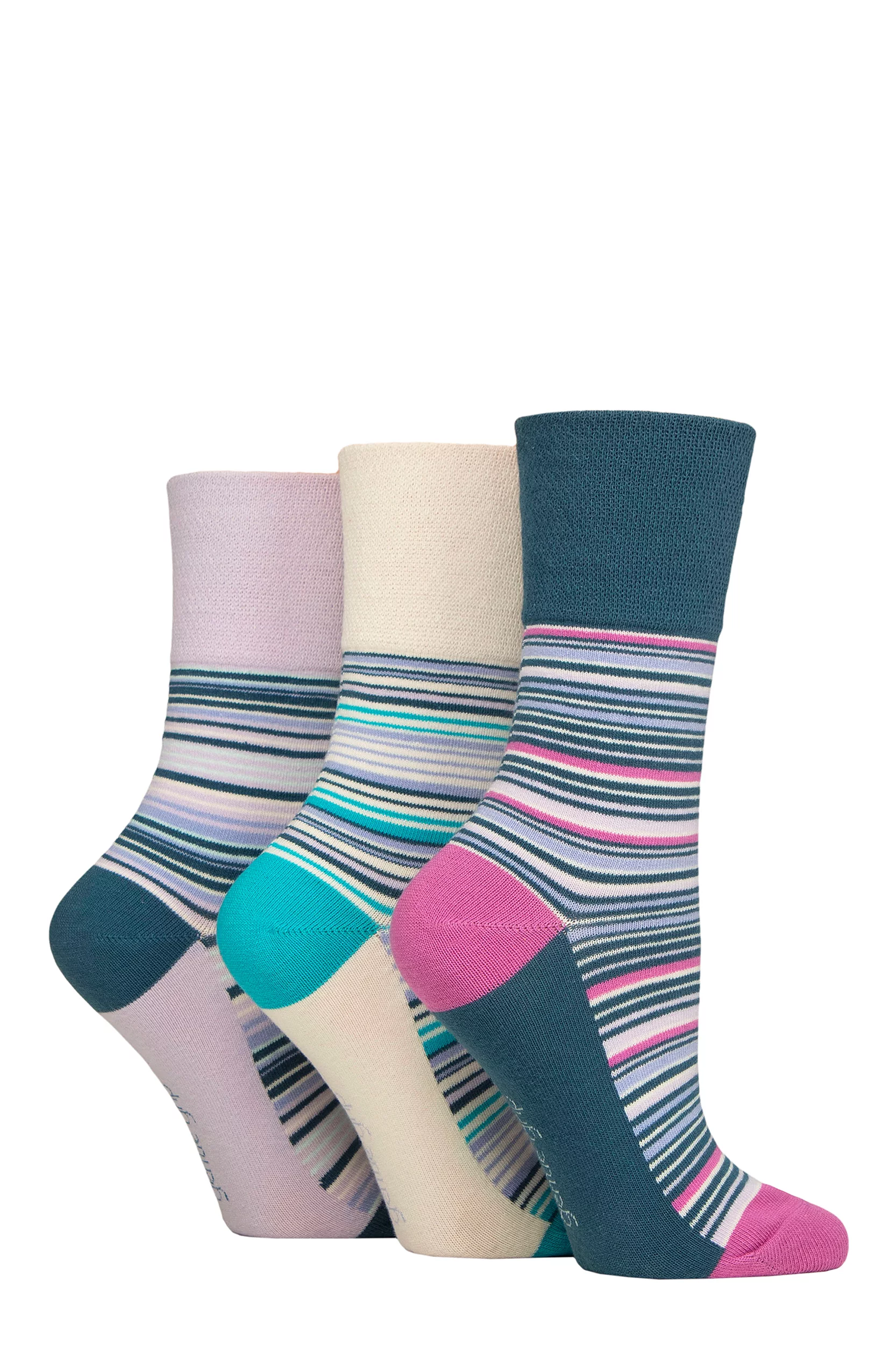 Women's 3 Pair Gentle Grip Cotton Patterned and Striped Socks Flow Mixed Stripe Cream / Blue / Lilac 4