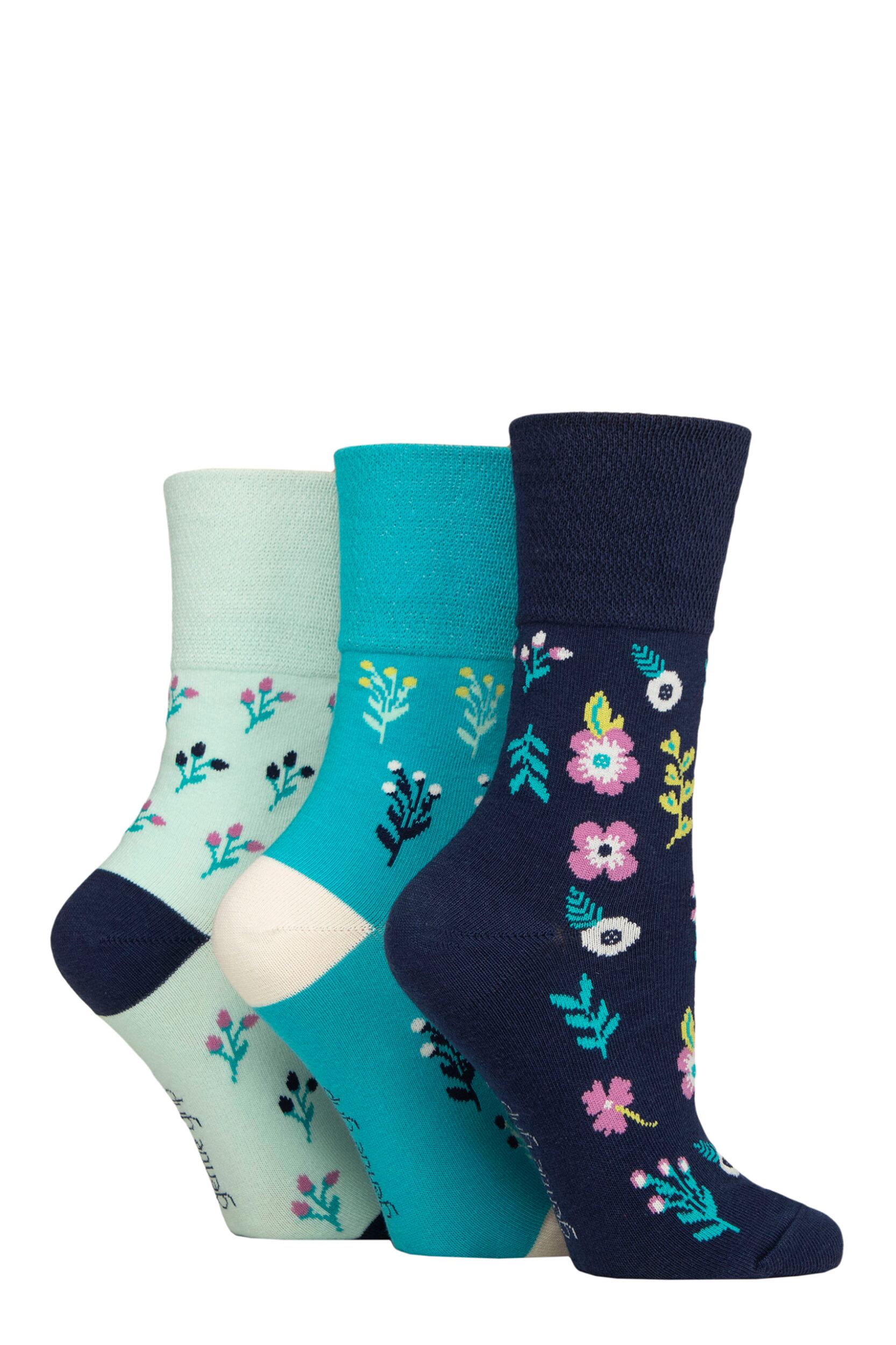 Women's 3 Pair Gentle Grip Cotton Patterned and Striped Socks Bohemian Floral Blue / Turquoise / Aqua 4-8