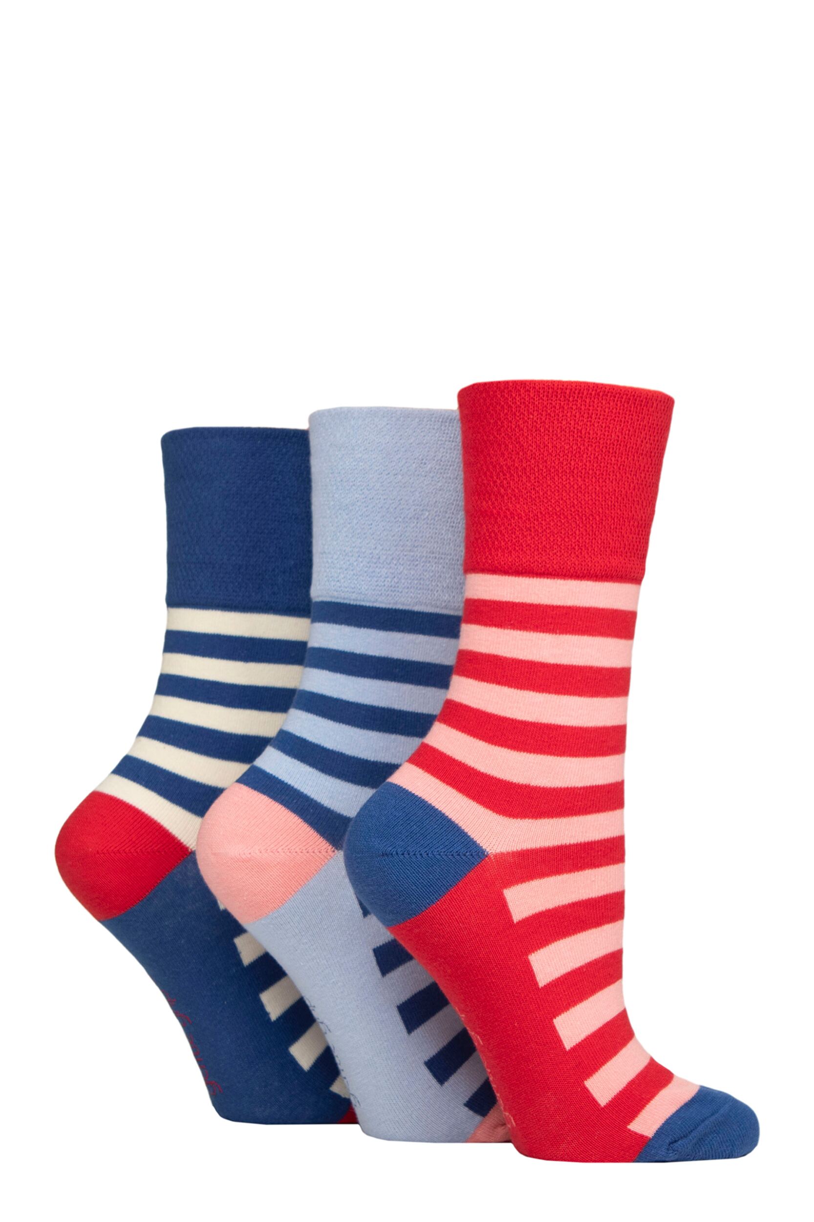 Women's 3 Pair Gentle Grip Cotton Patterned and Striped Socks Joie Red / Blue / Lilac 4-8