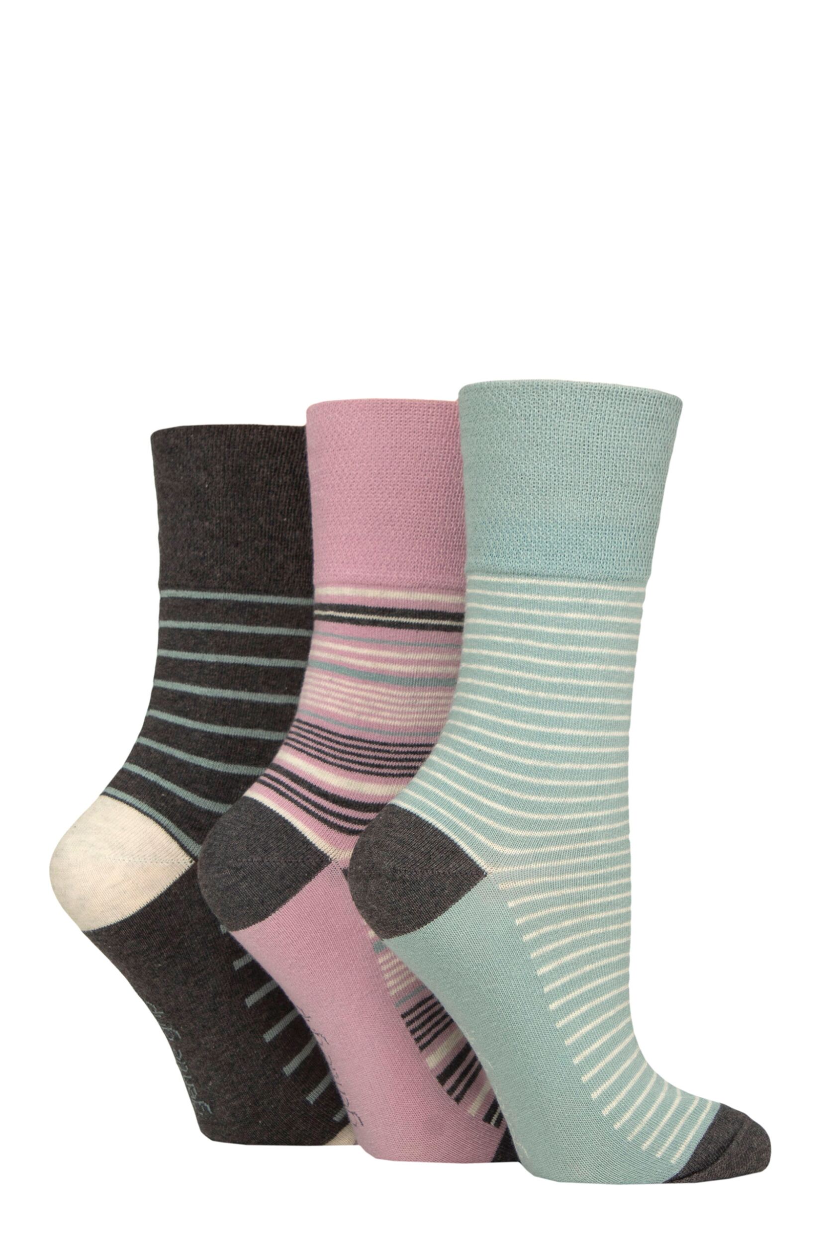 Image of Women's 3 Pair Gentle Grip Cotton Patterned and Striped Socks Reverie Stripe Charcoal / Pink / Sage 4-8