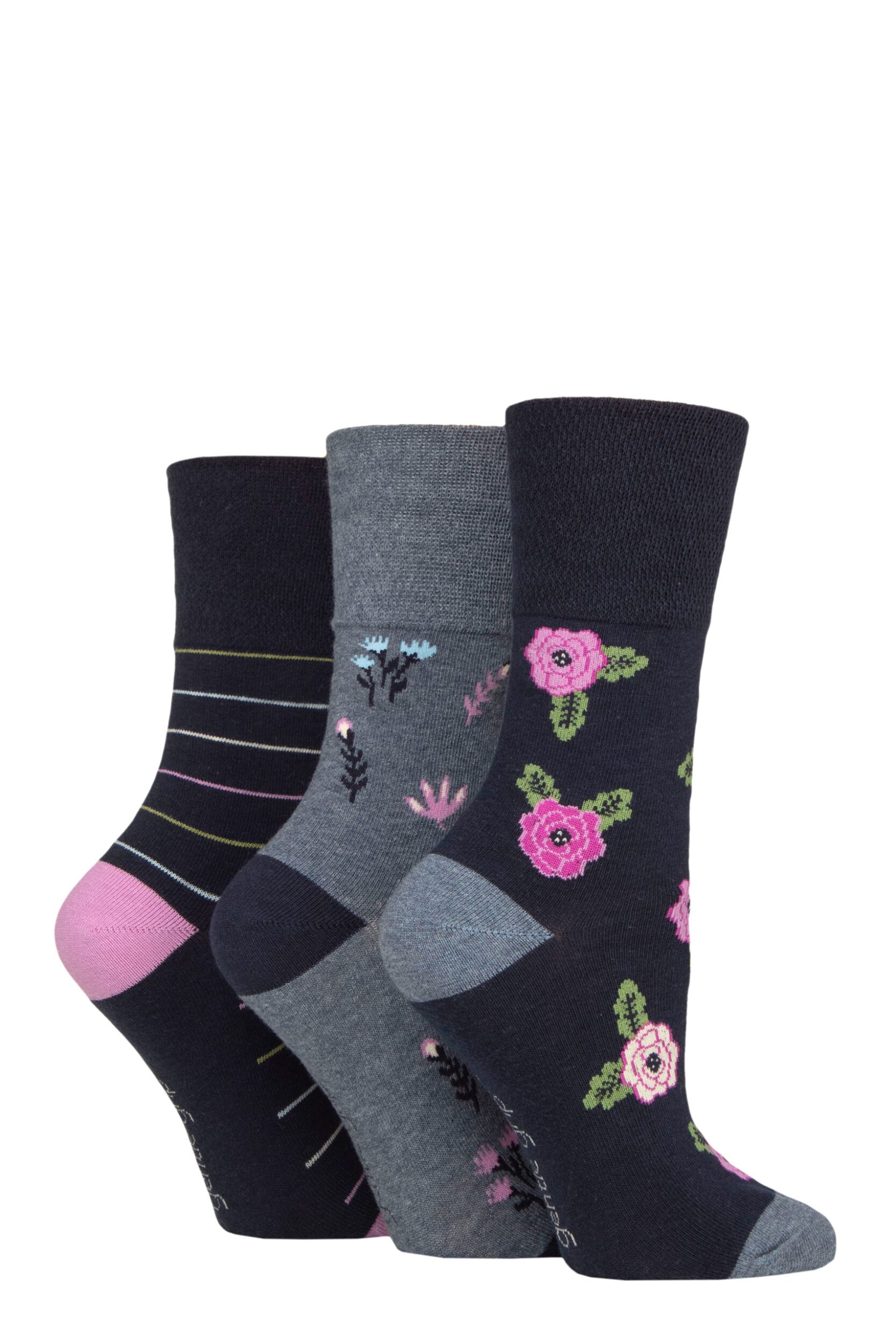 Image of Women's 3 Pair Gentle Grip Cotton Patterned and Striped Socks Opulant Blossom Blue / Navy 4-8