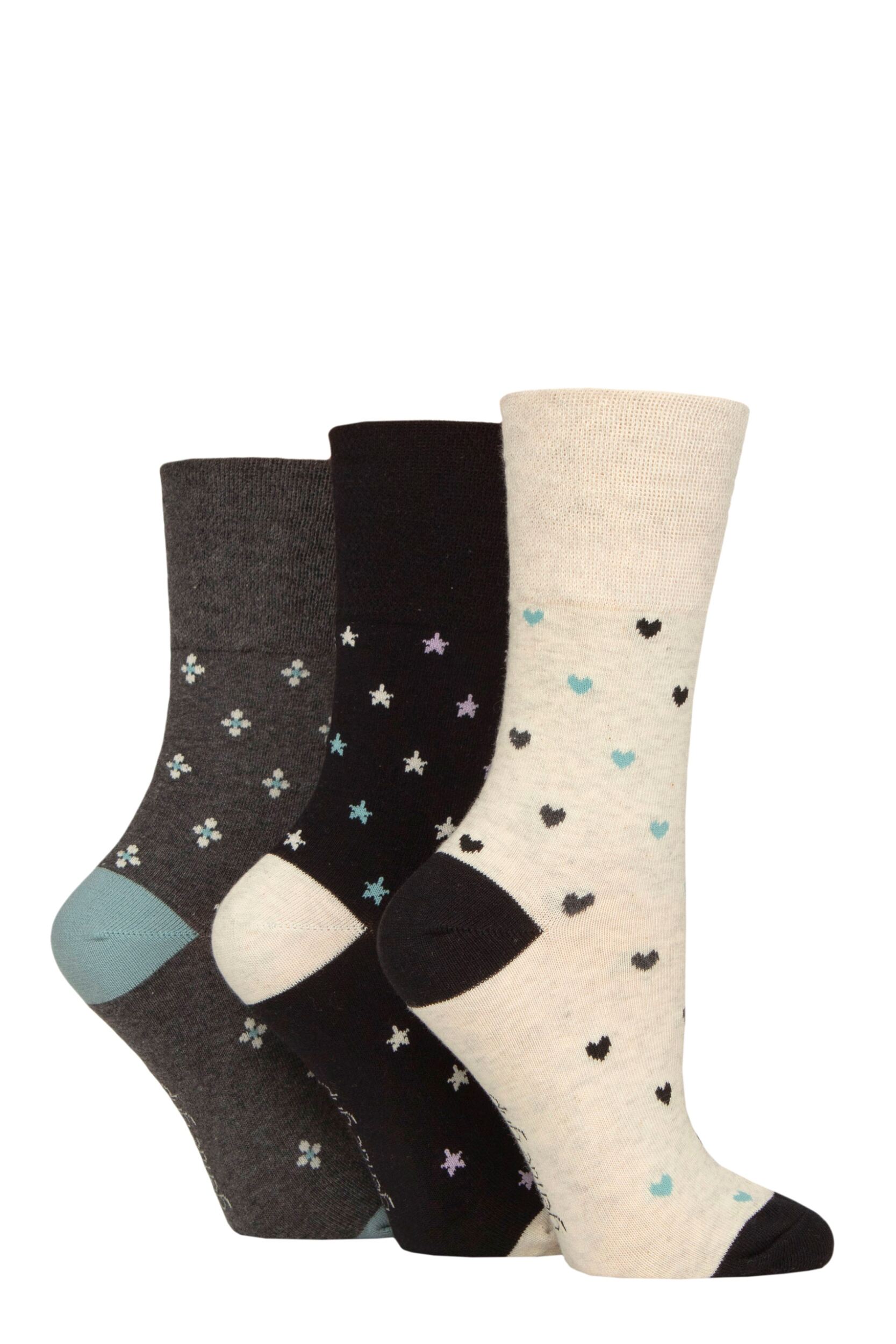 Women's 3 Pair Gentle Grip Cotton Patterned and Striped Socks Micro Pattern Black / Cream 4-8