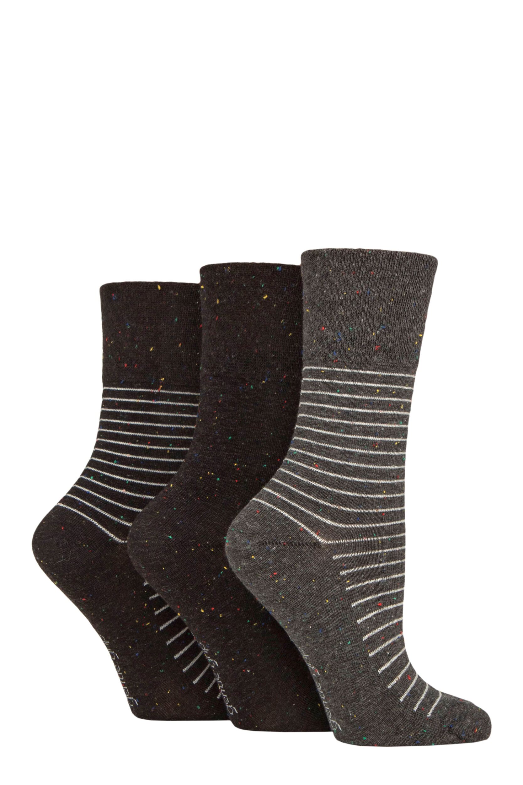 Women's 3 Pair Gentle Grip Cotton Patterned and Striped Socks Nepped Charcoal 4-8