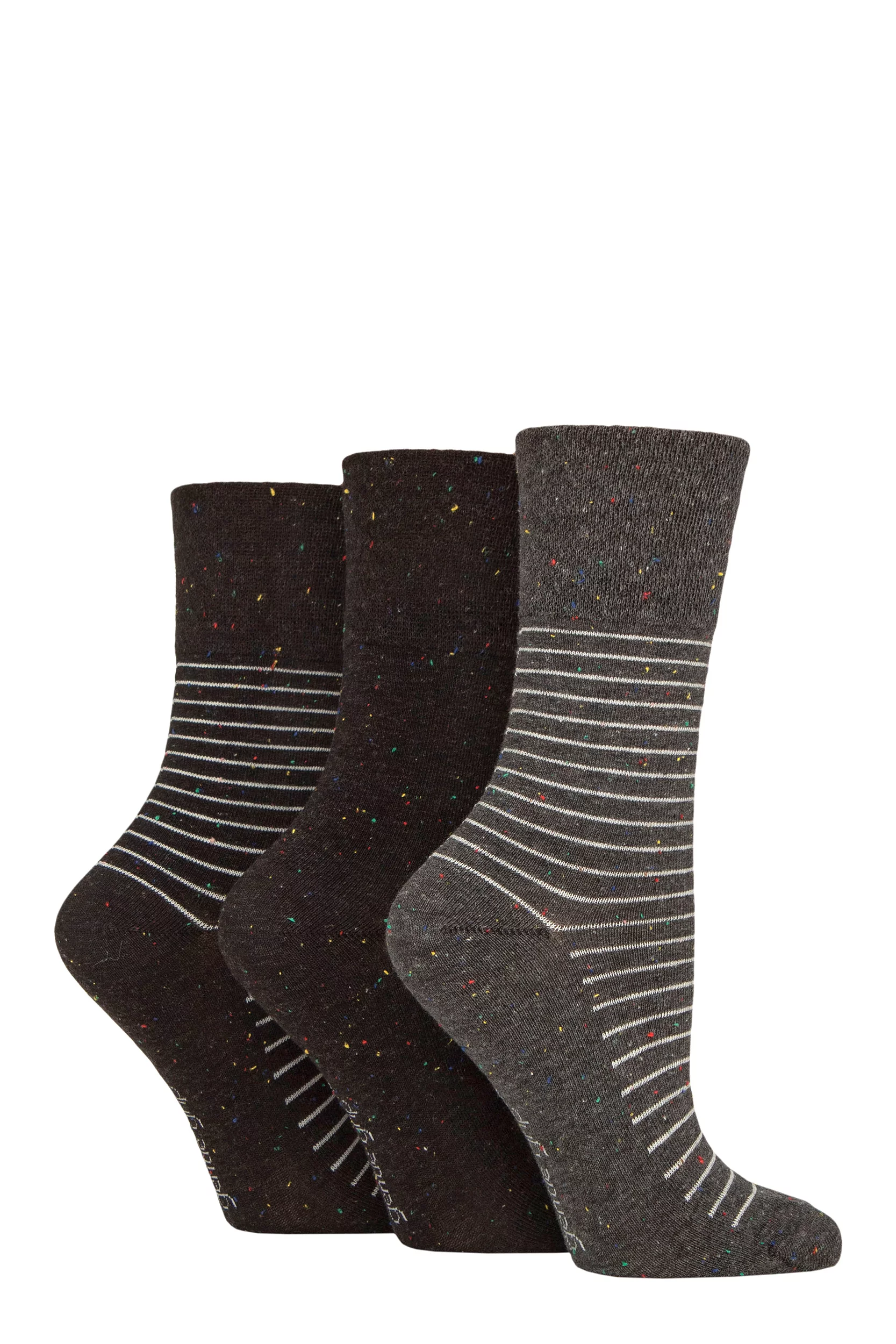 Women's 3 Pair Gentle Grip Cotton Patterned and Striped Socks Nepped Charcoal 4