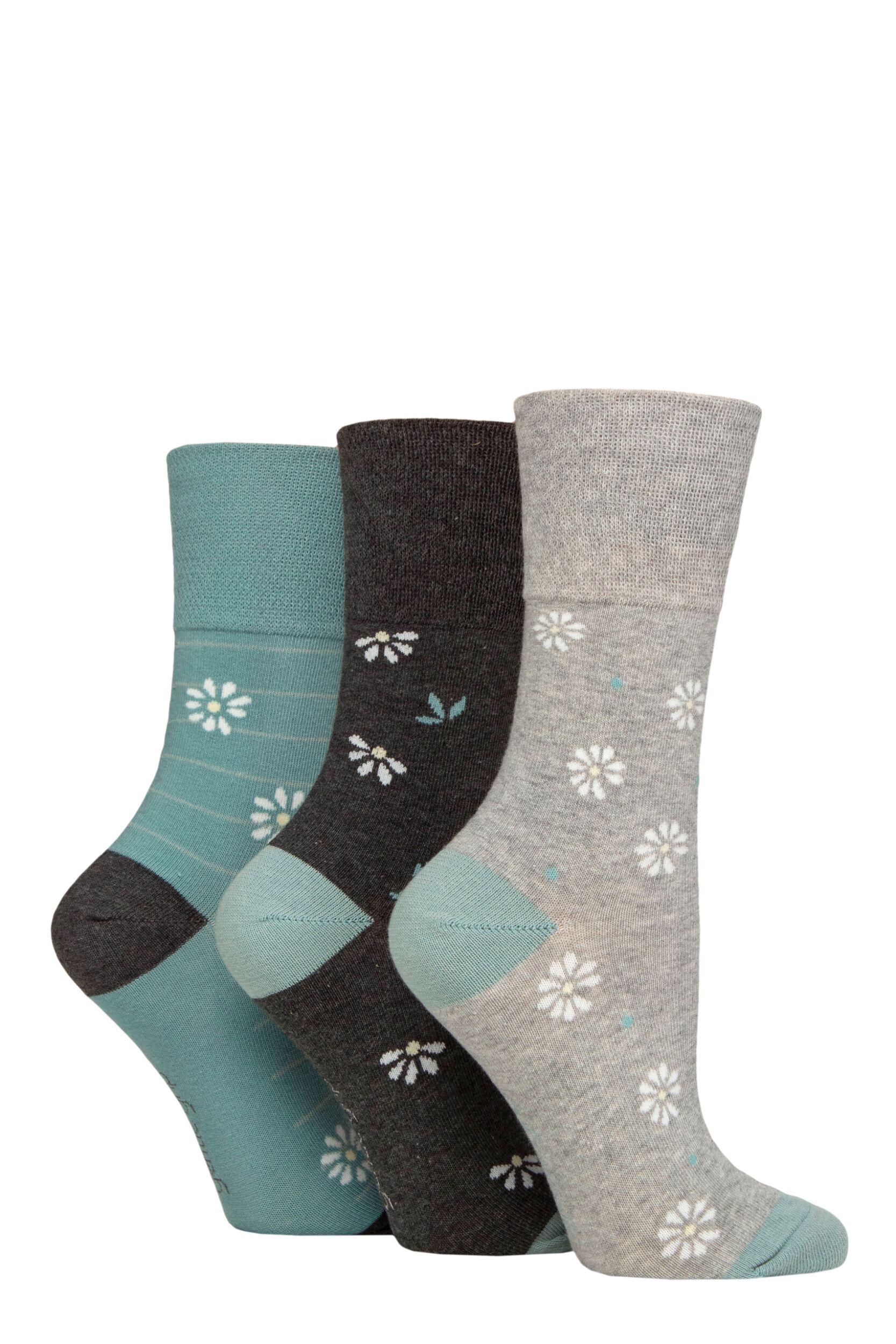 Image of Women's 3 Pair Gentle Grip Cotton Patterned and Striped Socks Daisy Charcoal / Light Grey 4-8