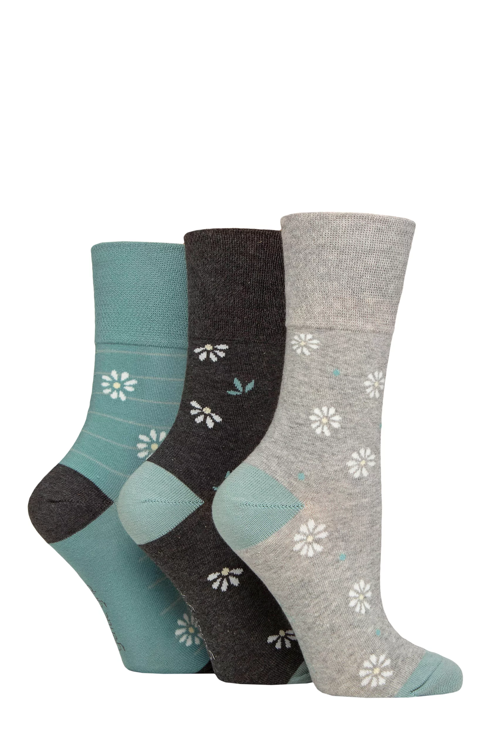Women's 3 Pair Gentle Grip Cotton Patterned and Striped Socks Daisy Charcoal / Light Grey 4