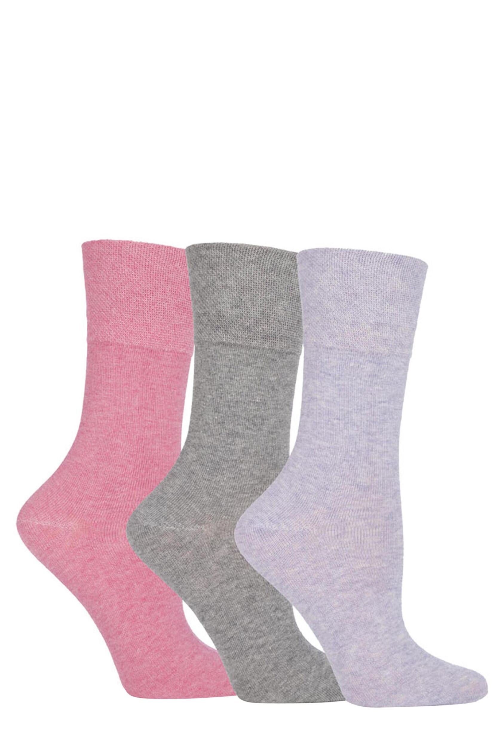 Women's 3 Pair Gentle Grip Sammy Plain Cotton Socks Rose / Lavender / Grey 4-8 Ladies