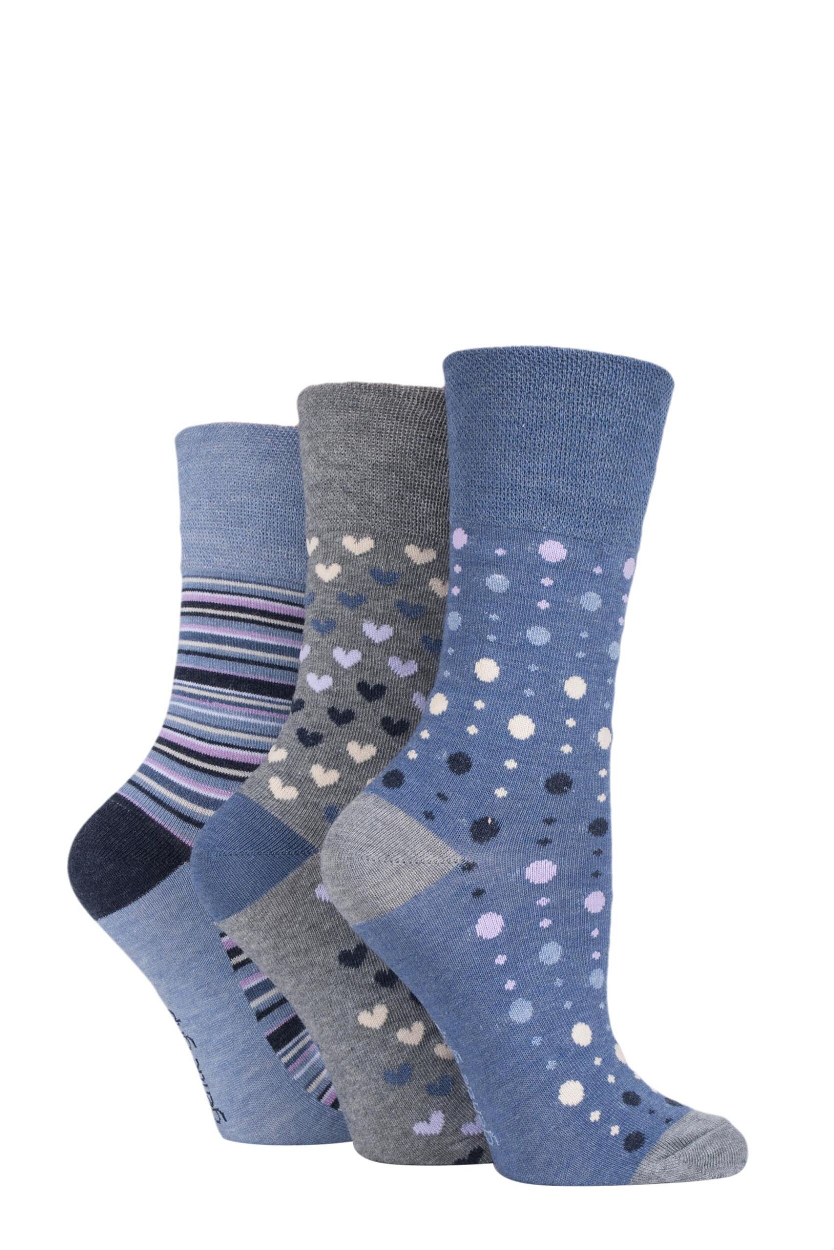 Image of Women's 3 Pair Gentle Grip Patterned Bamboo Socks Denim 4-8 Ladies