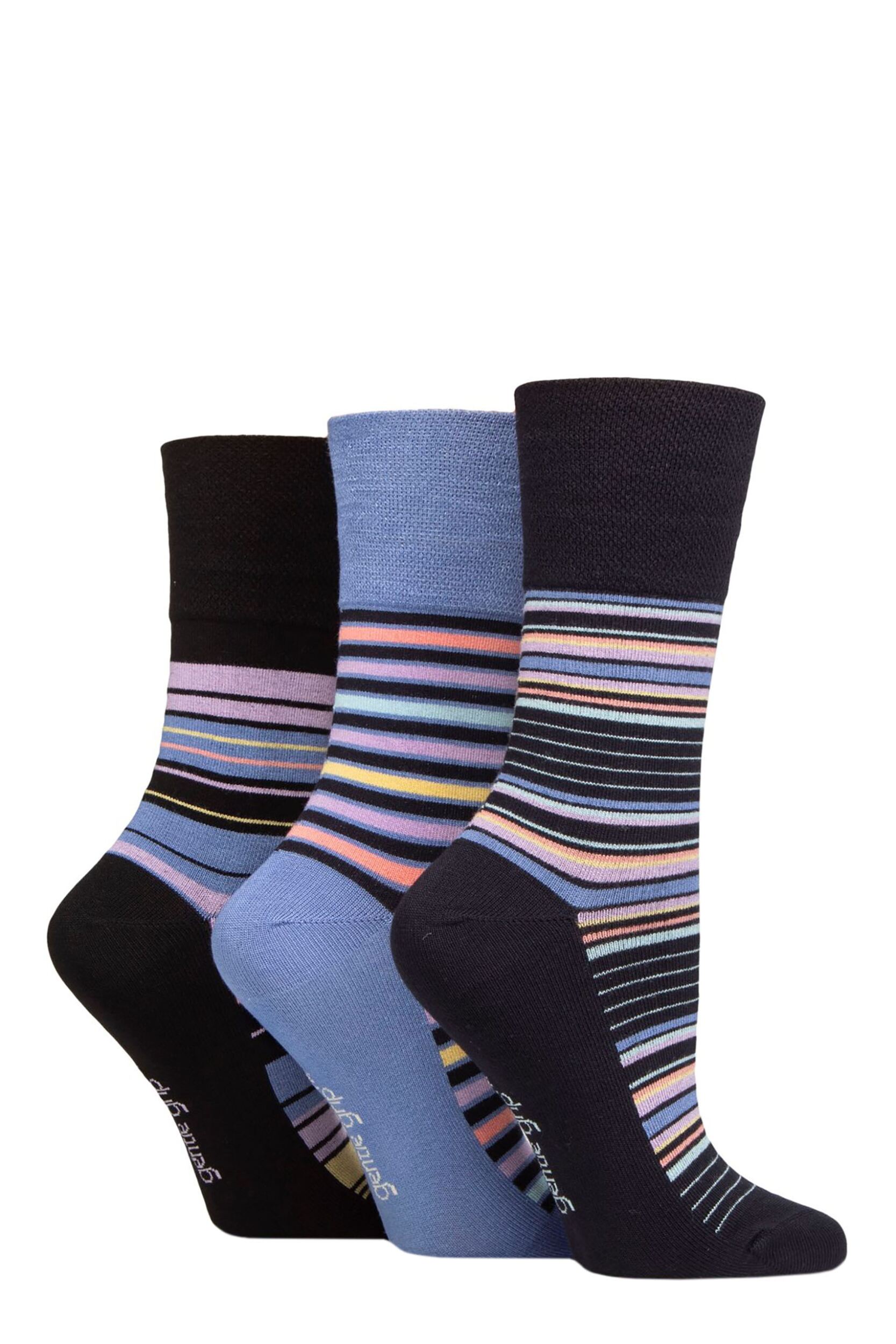 Women's 3 Pair Gentle Grip Patterned Bamboo Socks Stripey Array 4-8
