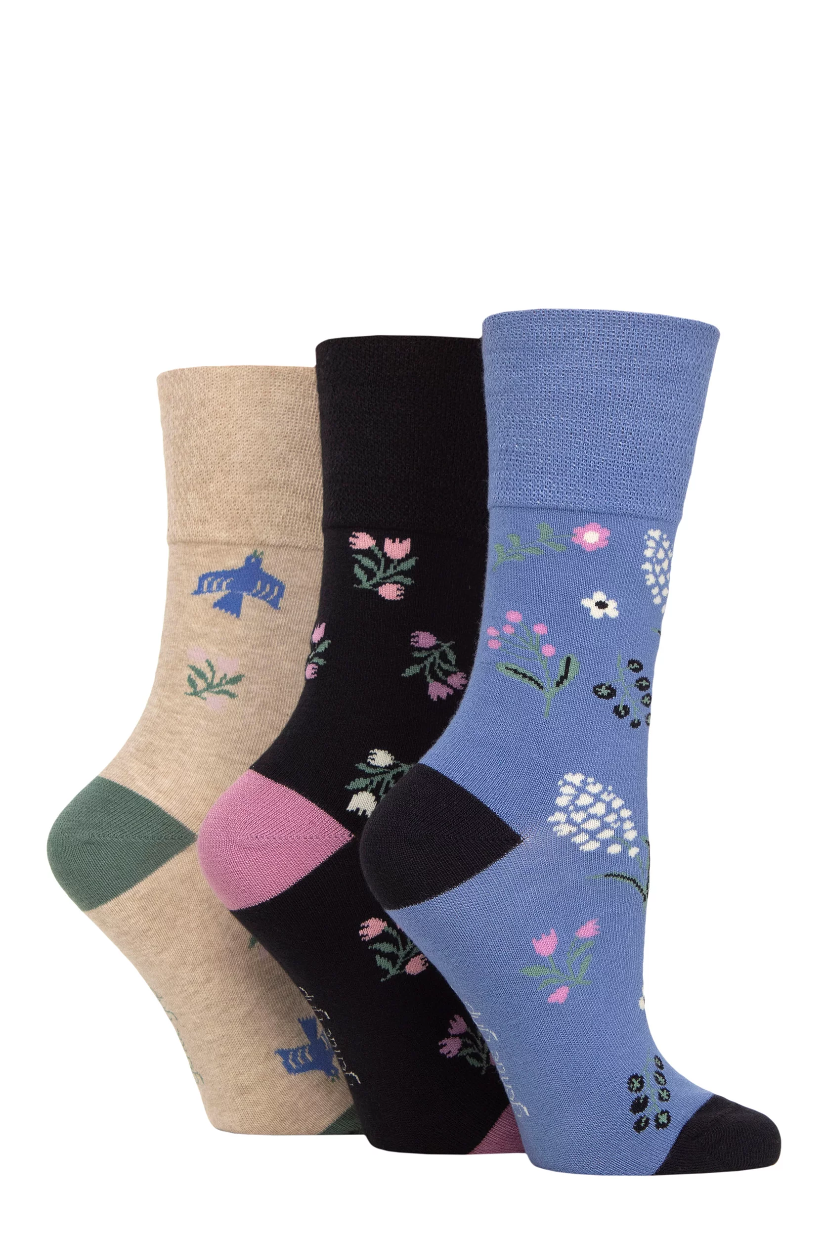Women's 3 Pair Gentle Grip Patterned Bamboo Socks Whimsical Flora Navy / Blue 4