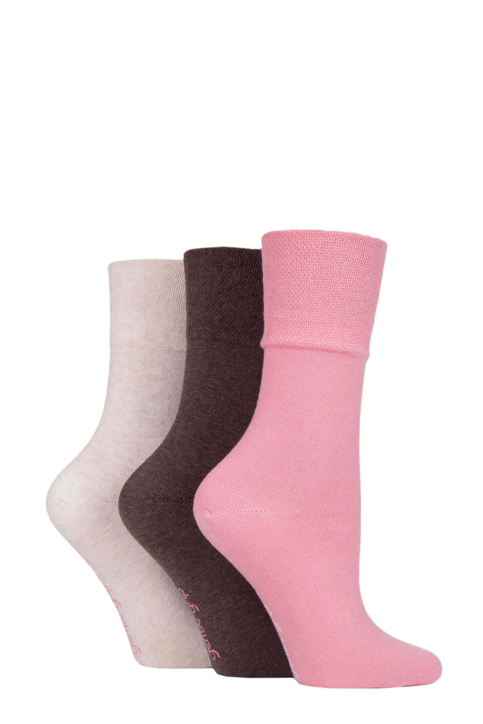 Women's 3 Pair Gentle Grip Plain Cotton Socks Coral / Coffee / Sandstone 4-8 Ladies