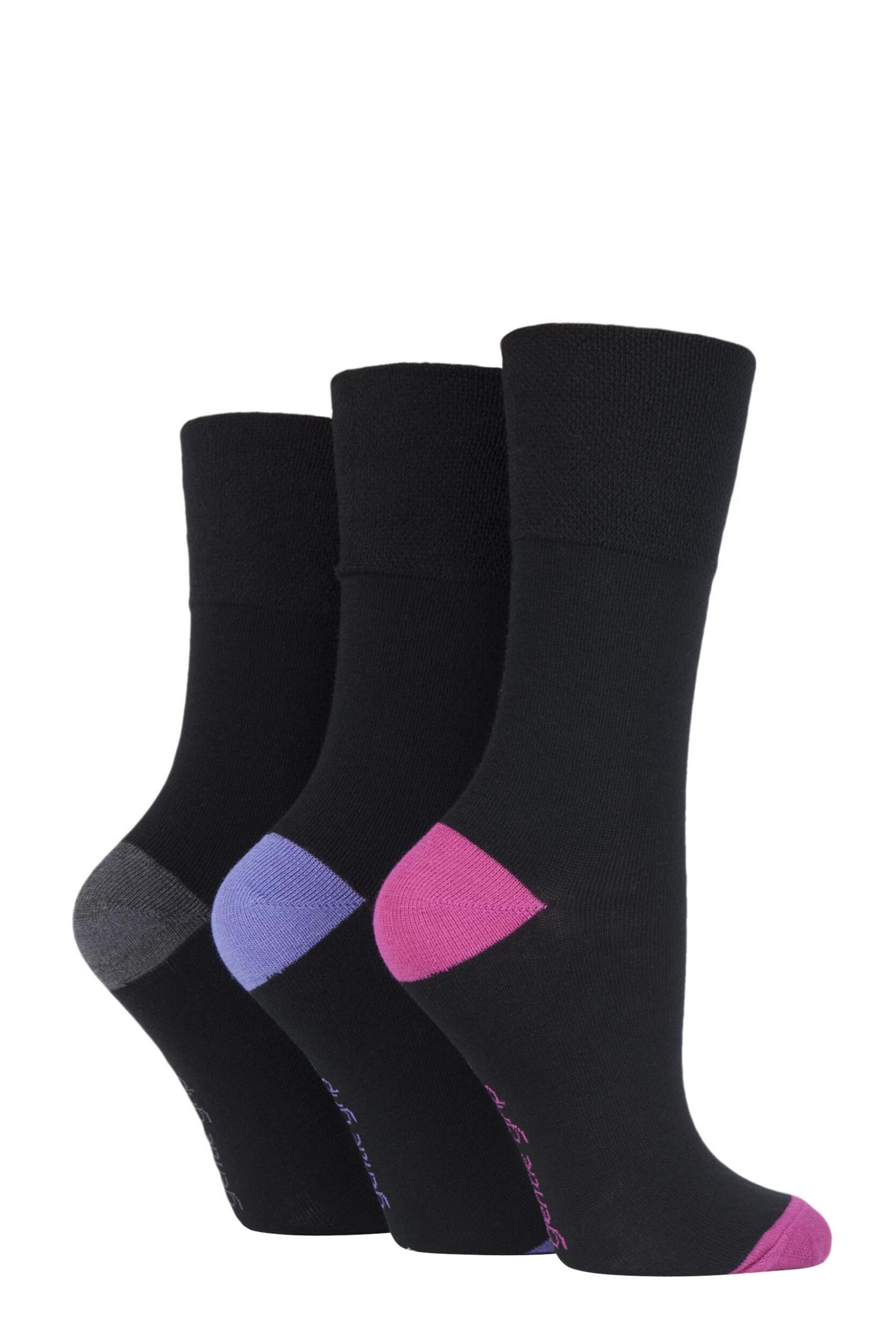 3 Pair Black / Charcoal Contrast Heel and Toe Socks Ladies 4-8 Ladies - Gentle Grip