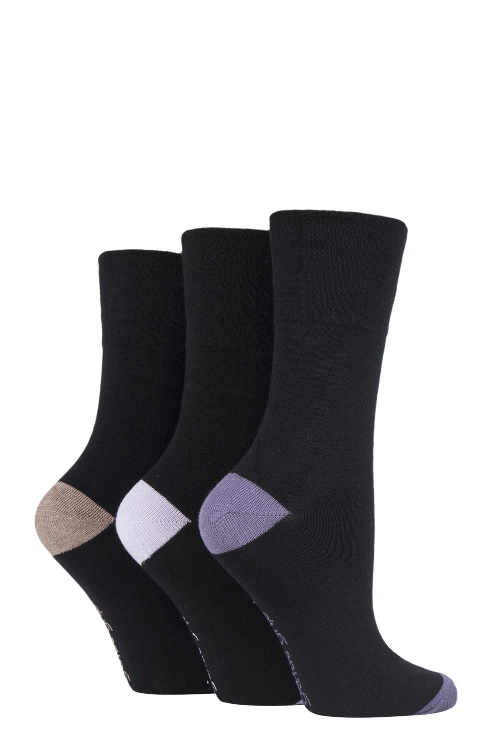 3 Pair Black / Lilac Contrast Heel and Toe Socks Ladies 4-8 Ladies - Gentle Grip