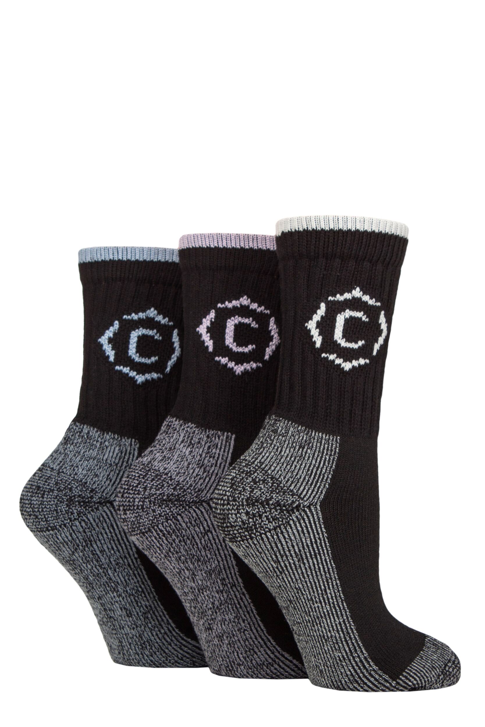 Women's 3 Pair Country Pursuit Gritstone Hiker Cotton Boot Socks Black 4-8