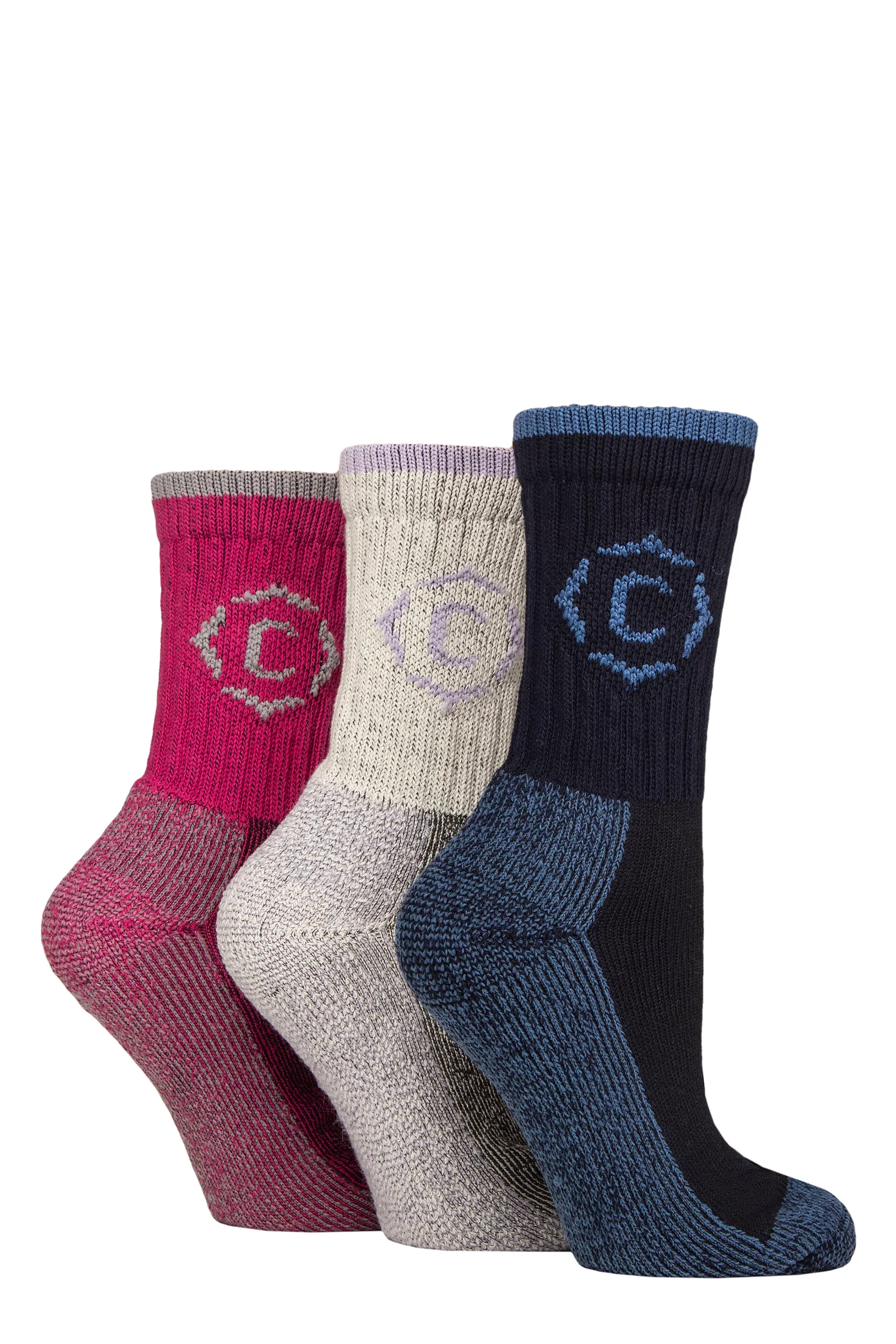 Women's 3 Pair Country Pursuit Gritstone Hiker Cotton Boot Socks Navy / Pink / Ecru 4
