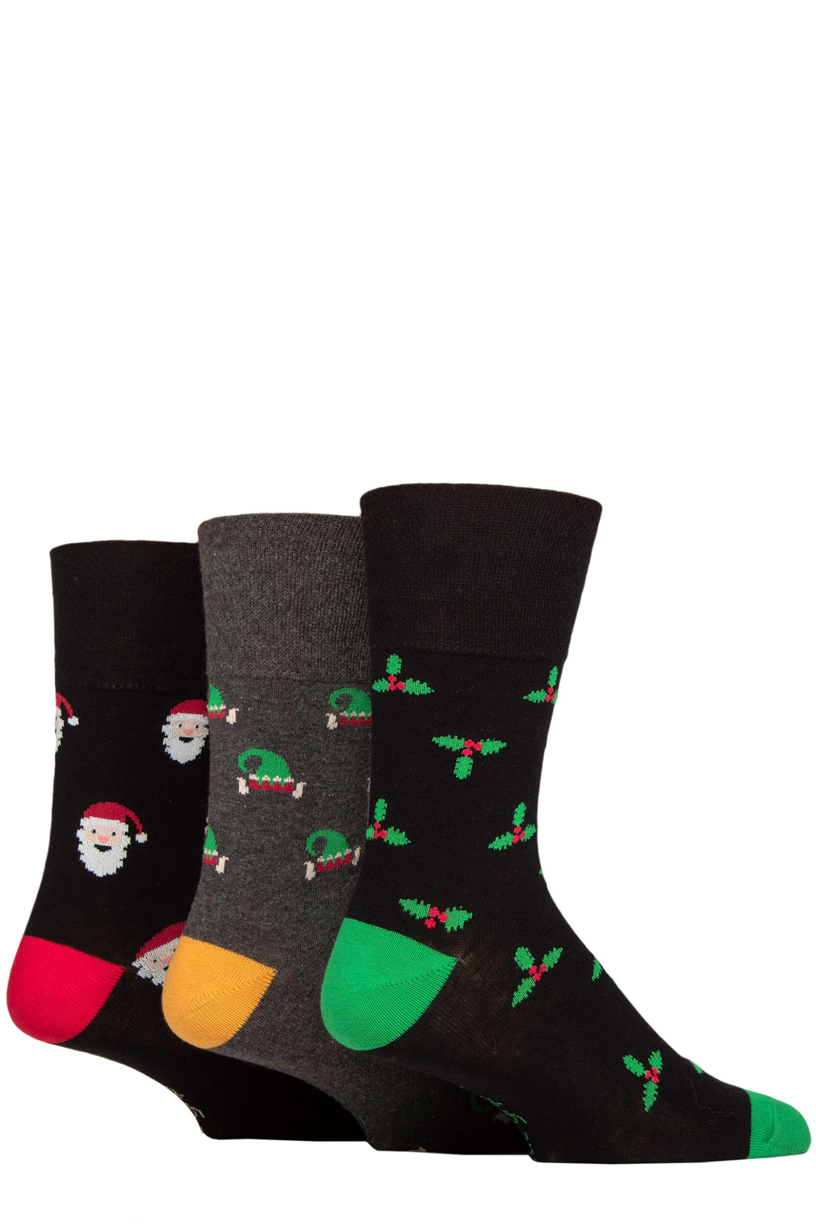 Mens 3 Pair SOCKSHOP Gentle Grip Cotton Christmas Socks Black / Charcoal 6-11