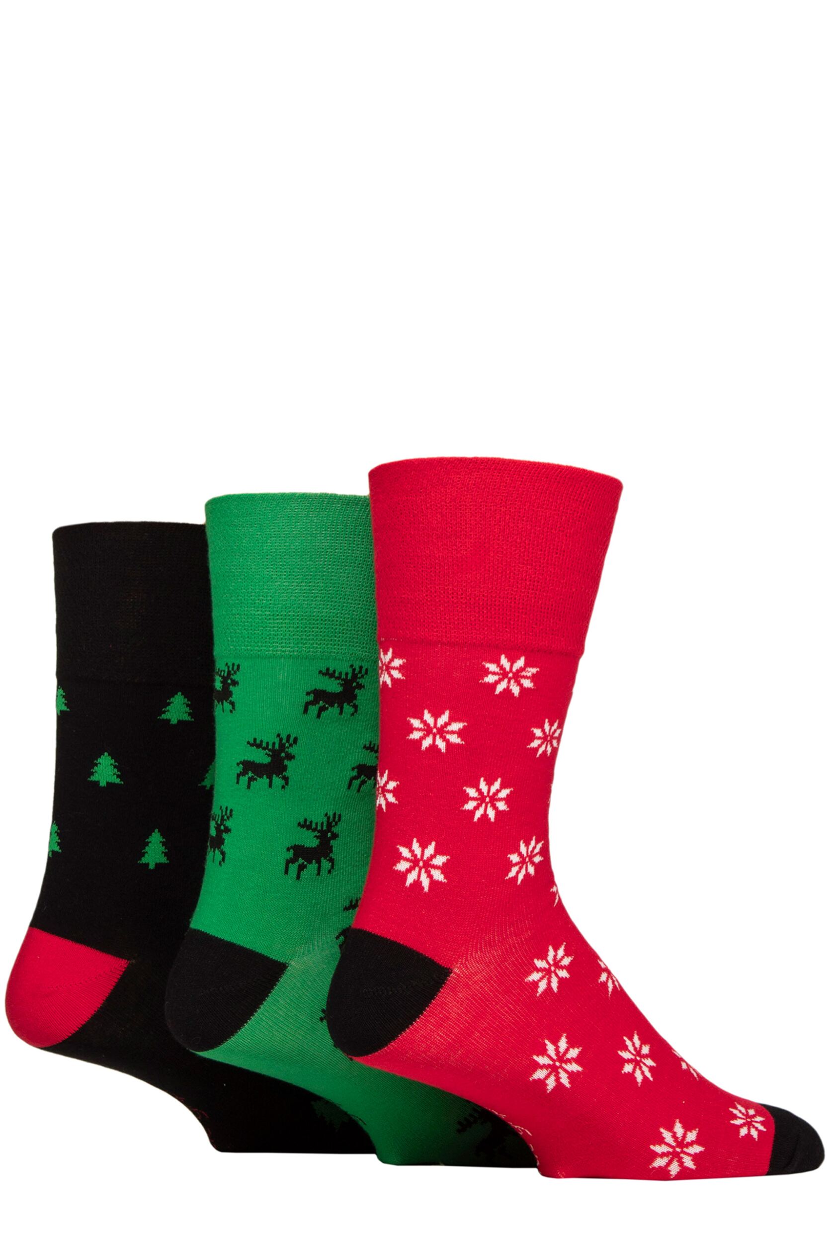 Mens 3 Pair SOCKSHOP Gentle Grip Cotton Christmas Socks Green / Black 6-11