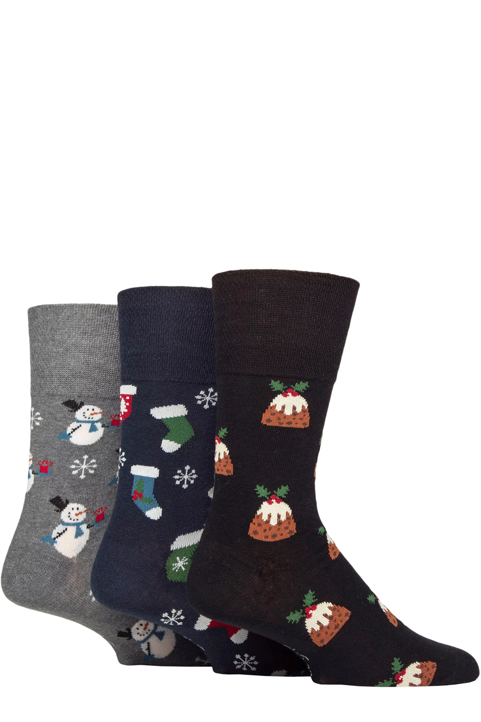 Mens 3 Pair SOCKSHOP Gentle Grip Cotton Christmas Socks Stocking / Snowman / Pudding 6