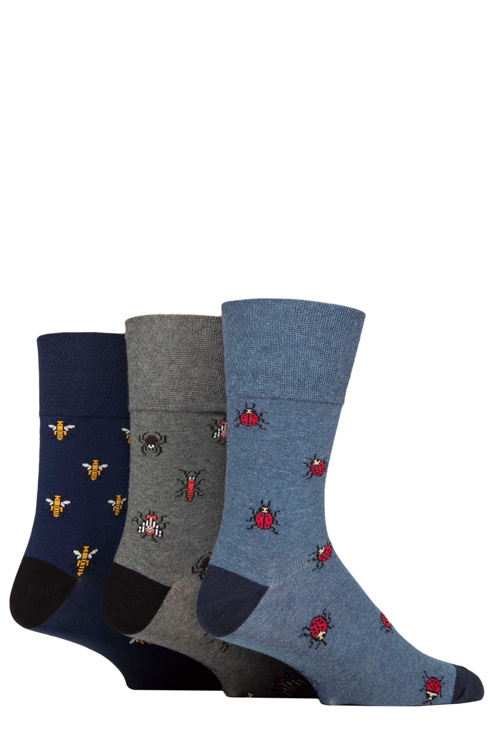 Mens 3 Pair Gentle Grip Fun Feet Socks Bugs 6-11 Mens