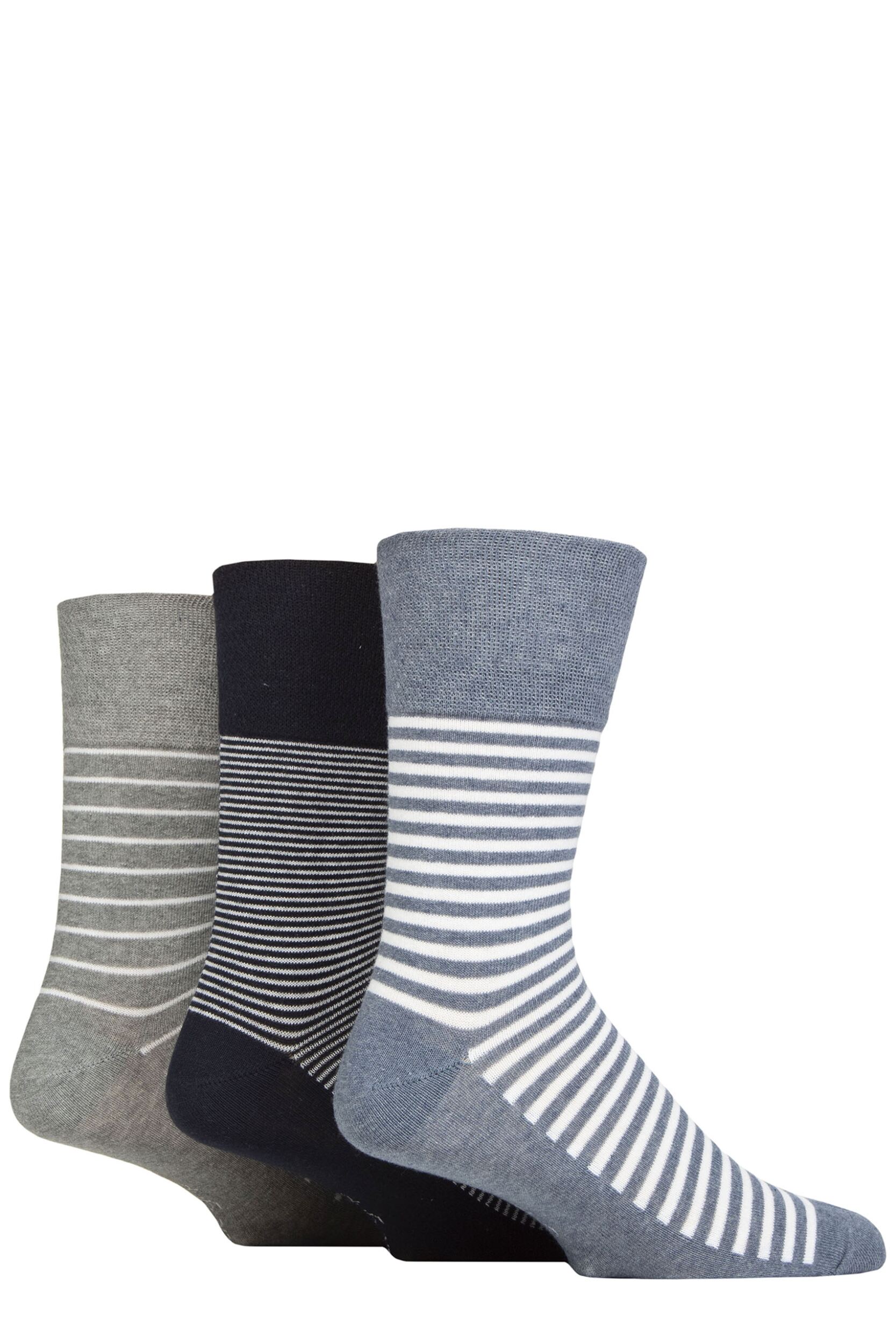 Mens 3 Pair SOCKSHOP Gentle Grip Cotton Holiday Socks Navy / Denim Melange Stripe 6-11