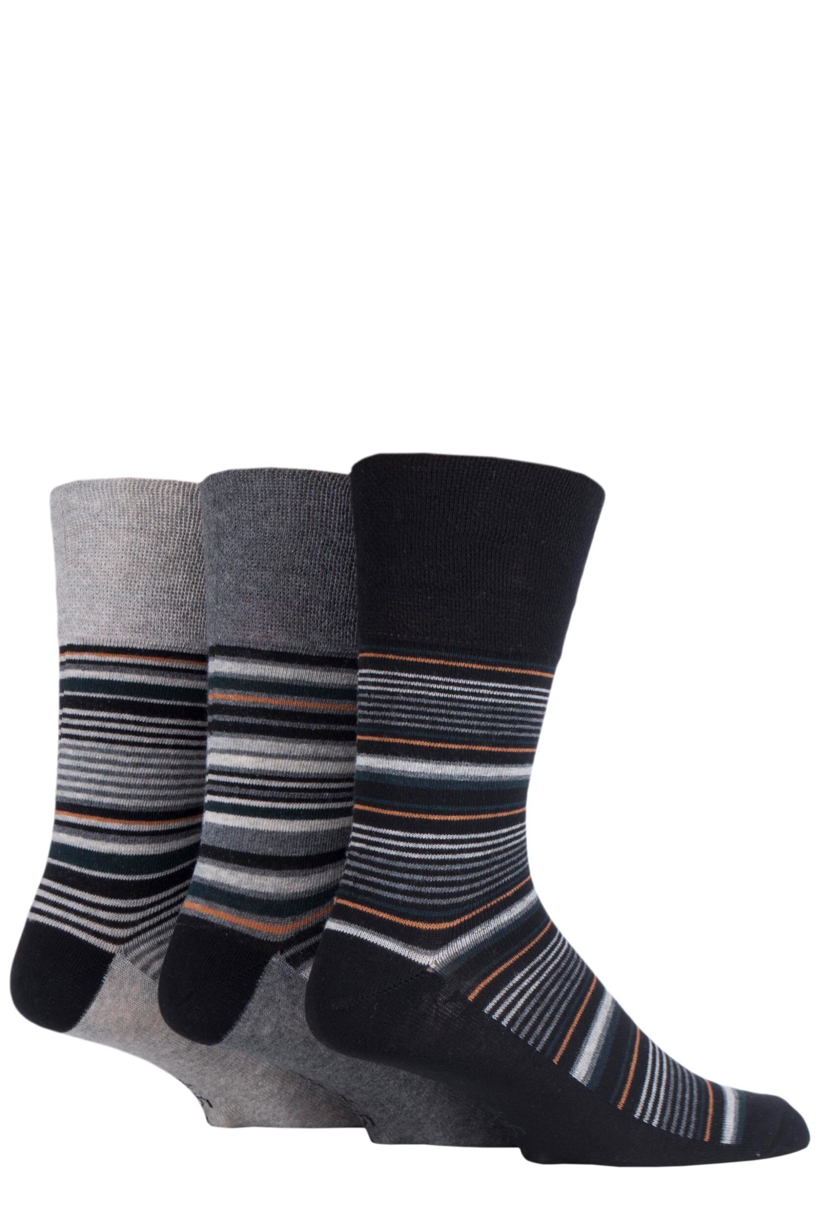 Image of Mens 3 Pair Gentle Grip Cotton Argyle Patterned and Striped Socks Deco Noir Black / Charcoal / Grey 12-14