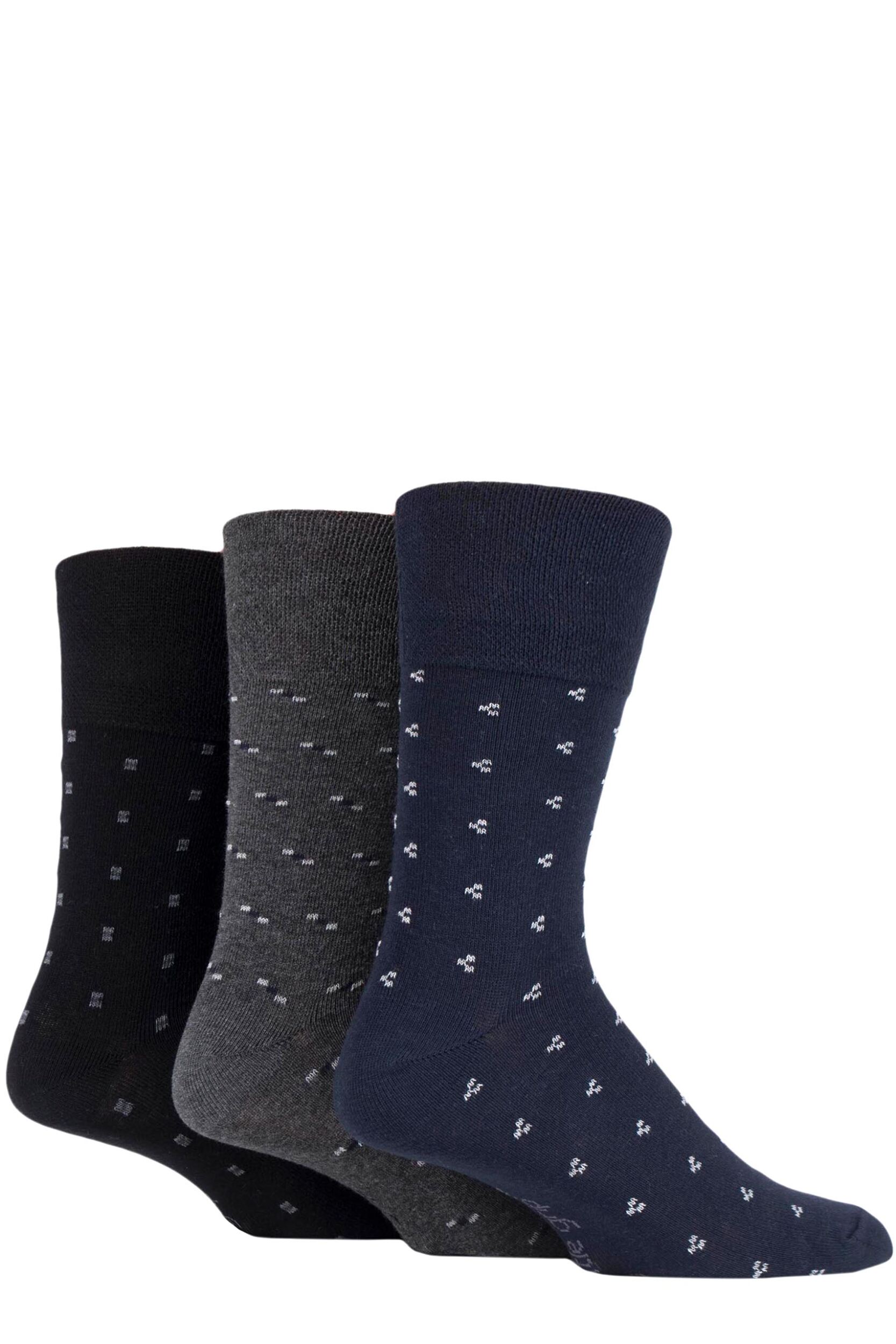 Mens 3 Pair Gentle Grip Cotton Argyle Patterned and Striped Socks Micro Squares Black / Navy / Charcoal 6-11 Mens