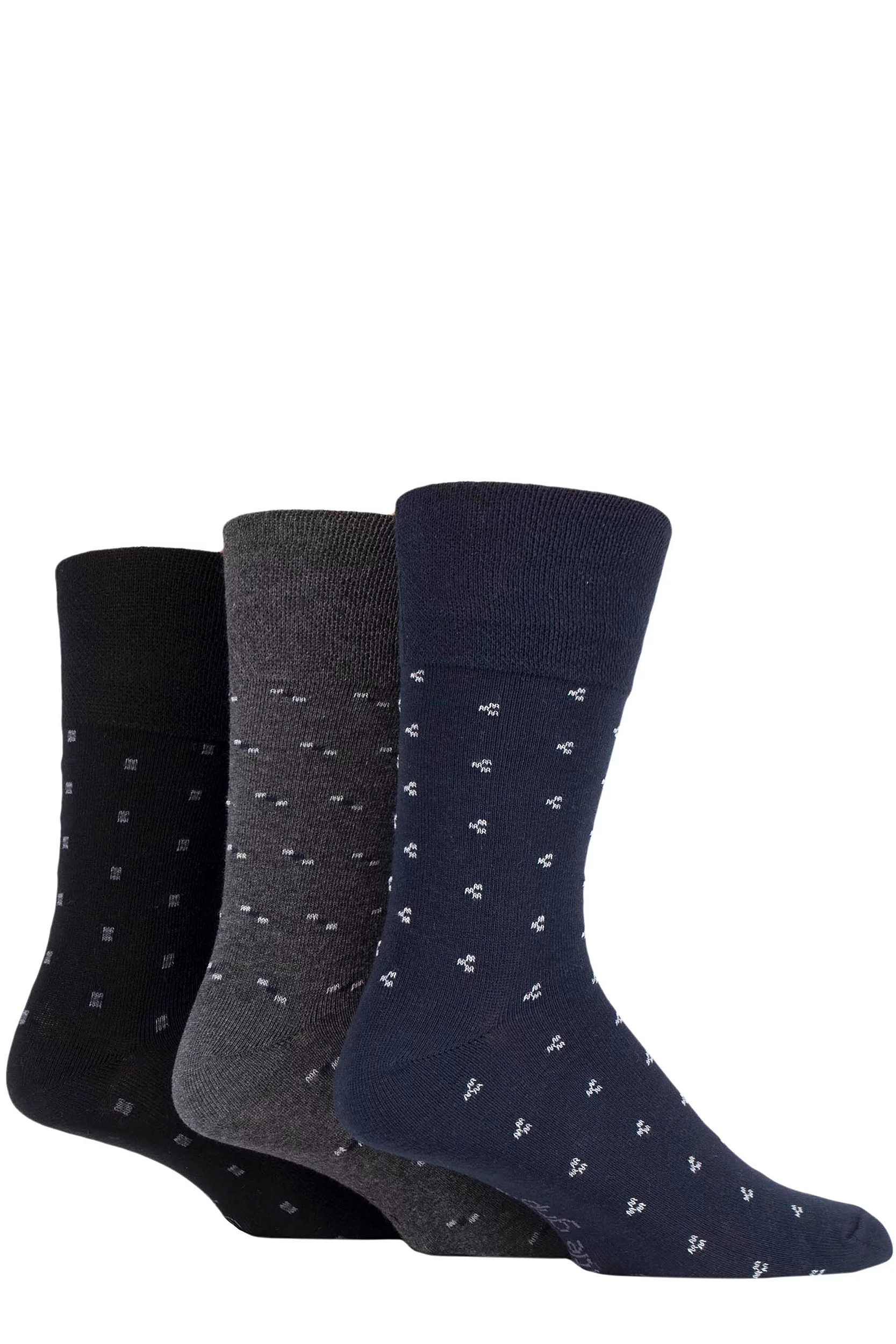 Mens 3 Pair Gentle Grip Cotton Argyle Patterned and Striped Socks Micro Squares Black / Navy / Charcoal 6-11 Mens